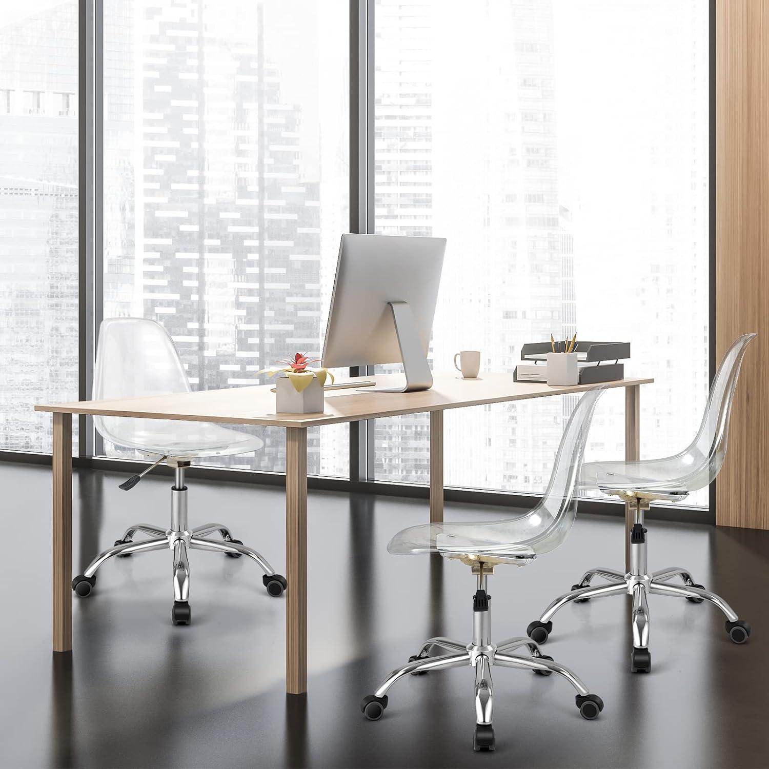 image:imageGiantex Acrylic Clear Desk Chair with PU Leather Cushion Modern Small Home Office Chair with Wheels Armless Swivel Rolling Vanity Chair for Office Make up Small Spaces Bedroom2