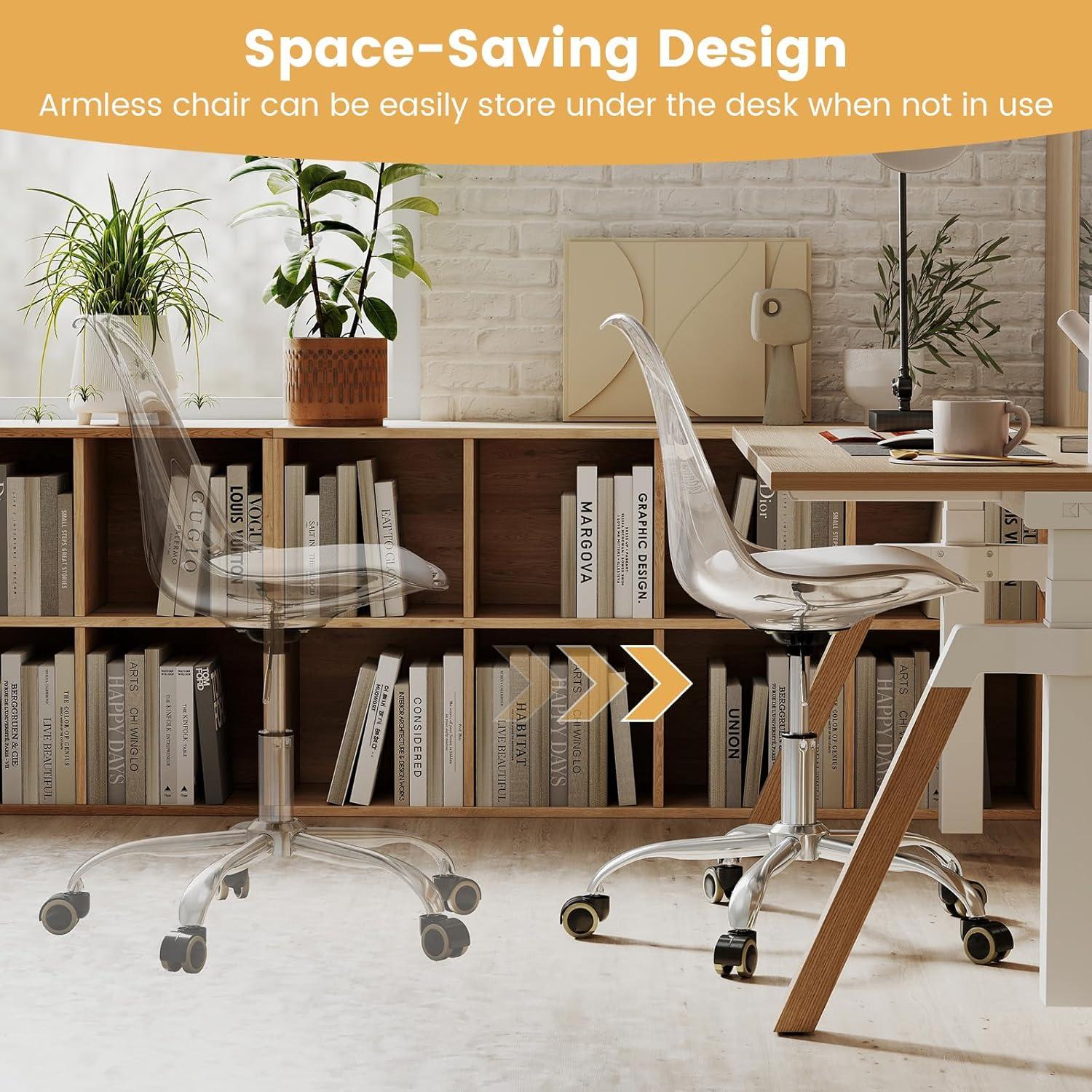 image:imageGiantex Acrylic Clear Desk Chair with PU Leather Cushion Modern Small Home Office Chair with Wheels Armless Swivel Rolling Vanity Chair for Office Make up Small Spaces Bedroom2