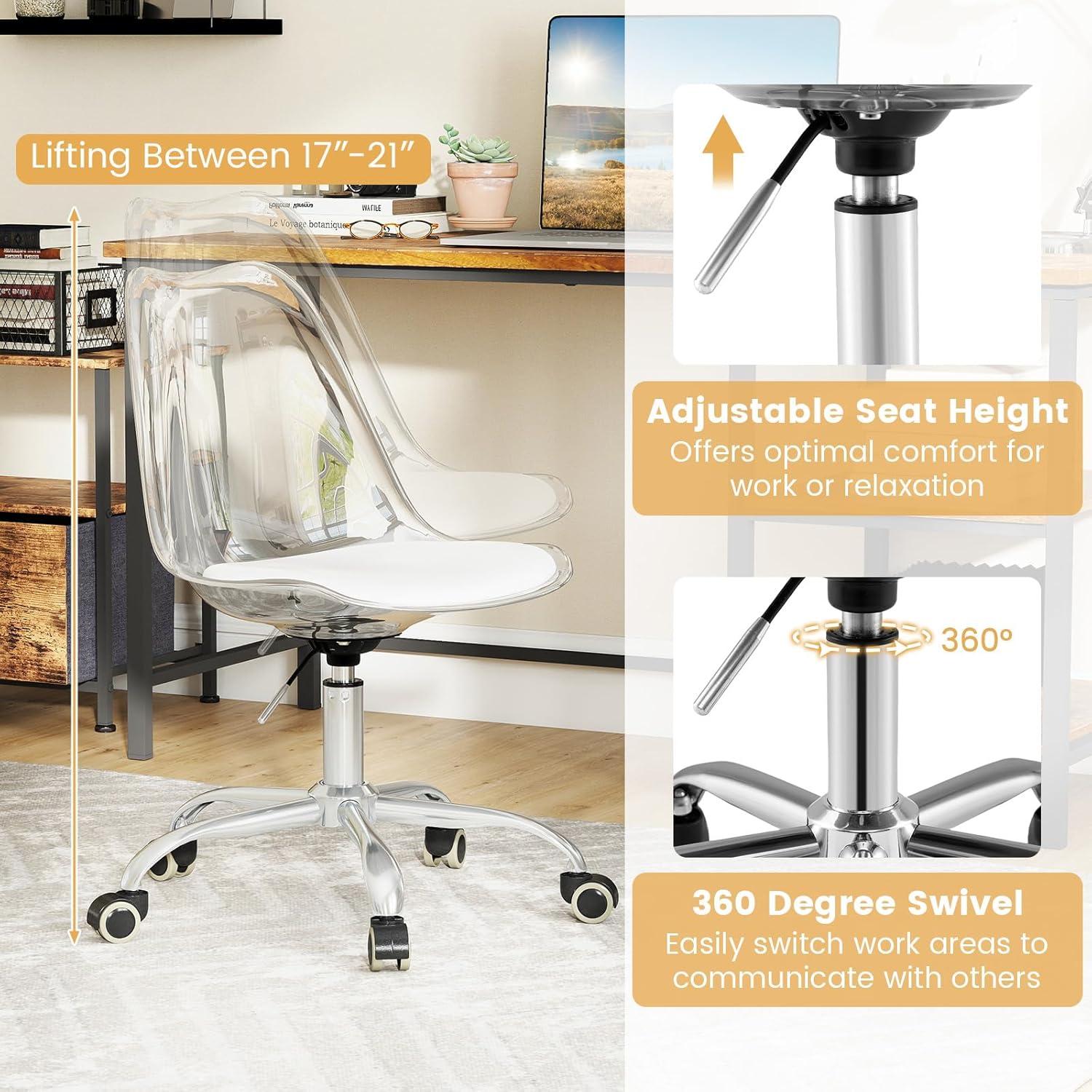 image:imageGiantex Acrylic Clear Desk Chair with PU Leather Cushion Modern Small Home Office Chair with Wheels Armless Swivel Rolling Vanity Chair for Office Make up Small Spaces Bedroom2
