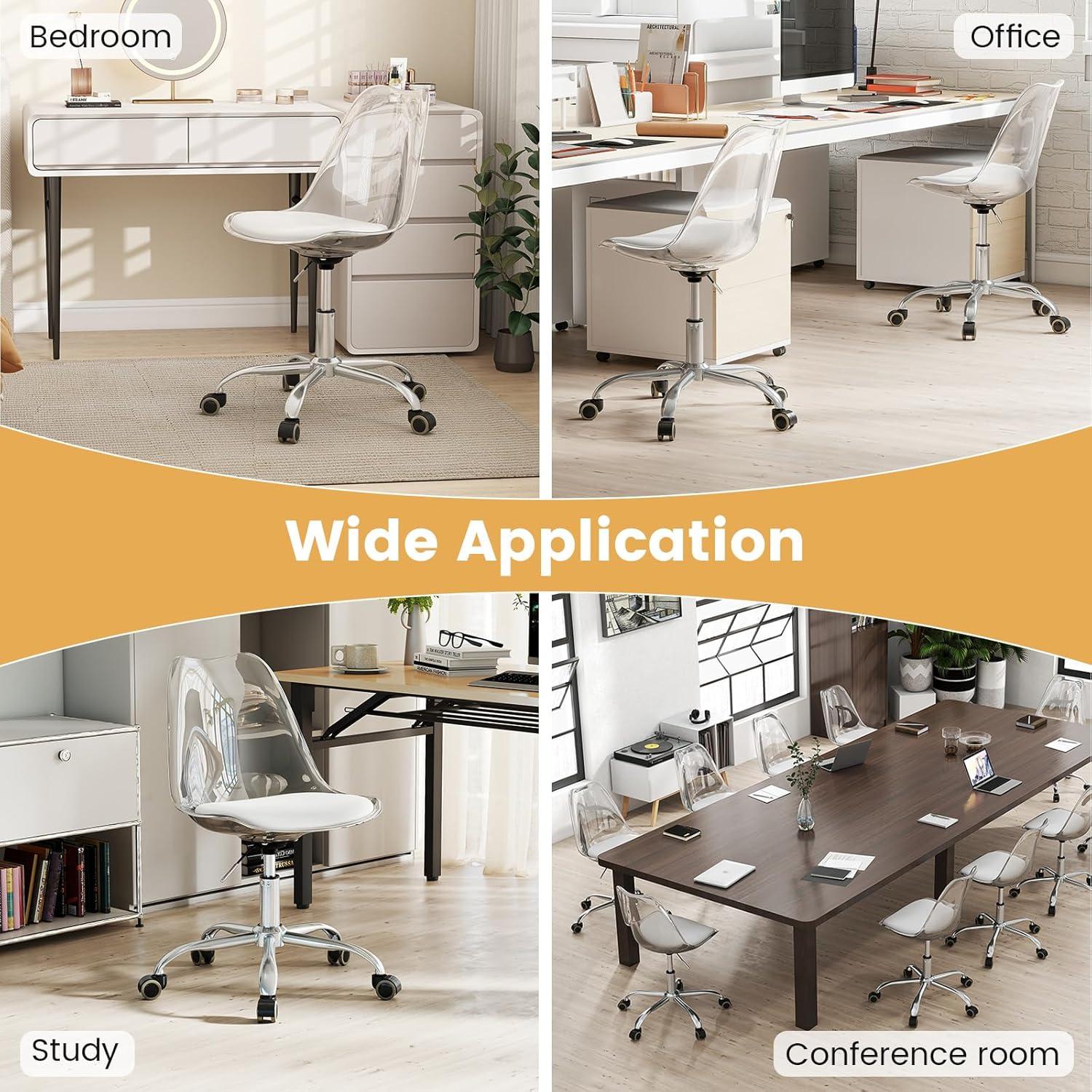 image:imageGiantex Acrylic Clear Desk Chair with PU Leather Cushion Modern Small Home Office Chair with Wheels Armless Swivel Rolling Vanity Chair for Office Make up Small Spaces Bedroom2