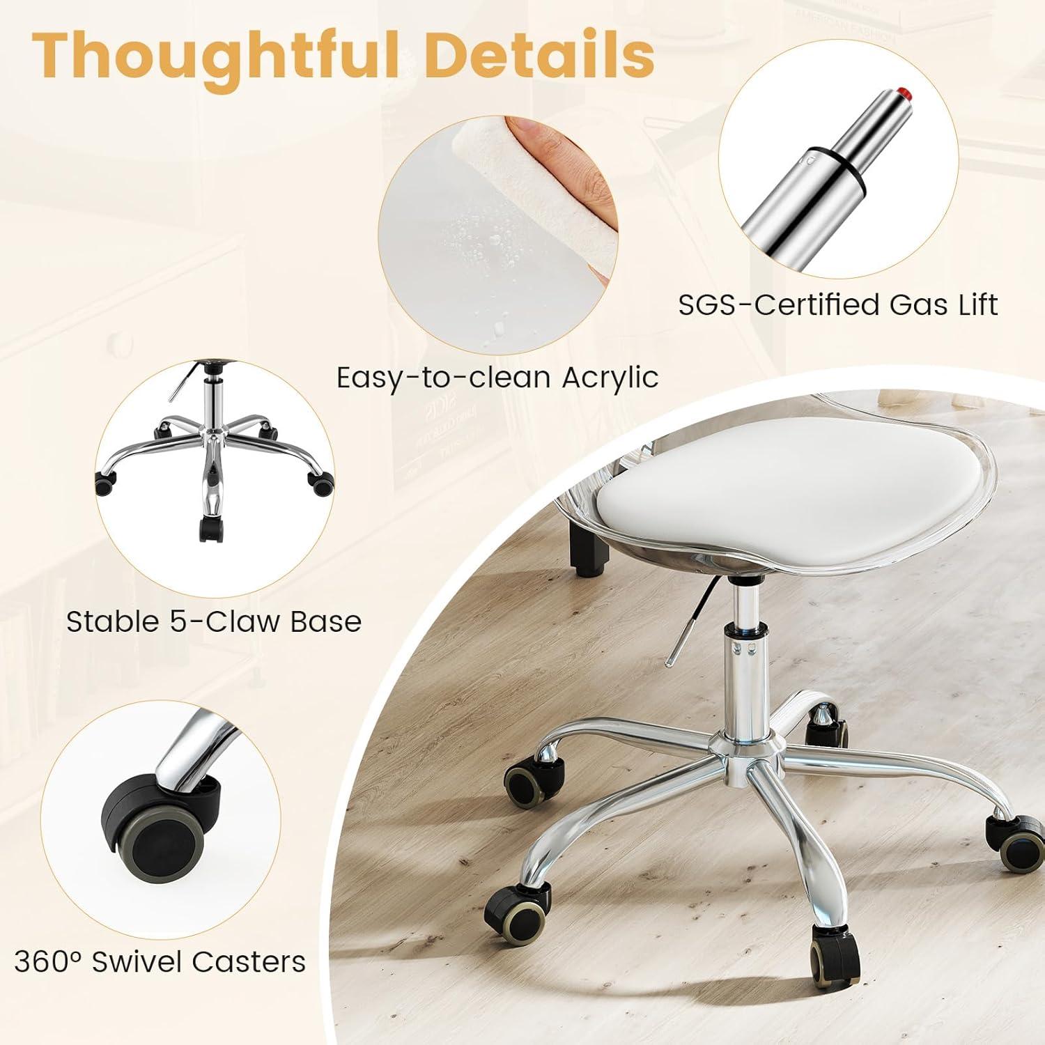 image:imageGiantex Acrylic Clear Desk Chair with PU Leather Cushion Modern Small Home Office Chair with Wheels Armless Swivel Rolling Vanity Chair for Office Make up Small Spaces Bedroom2