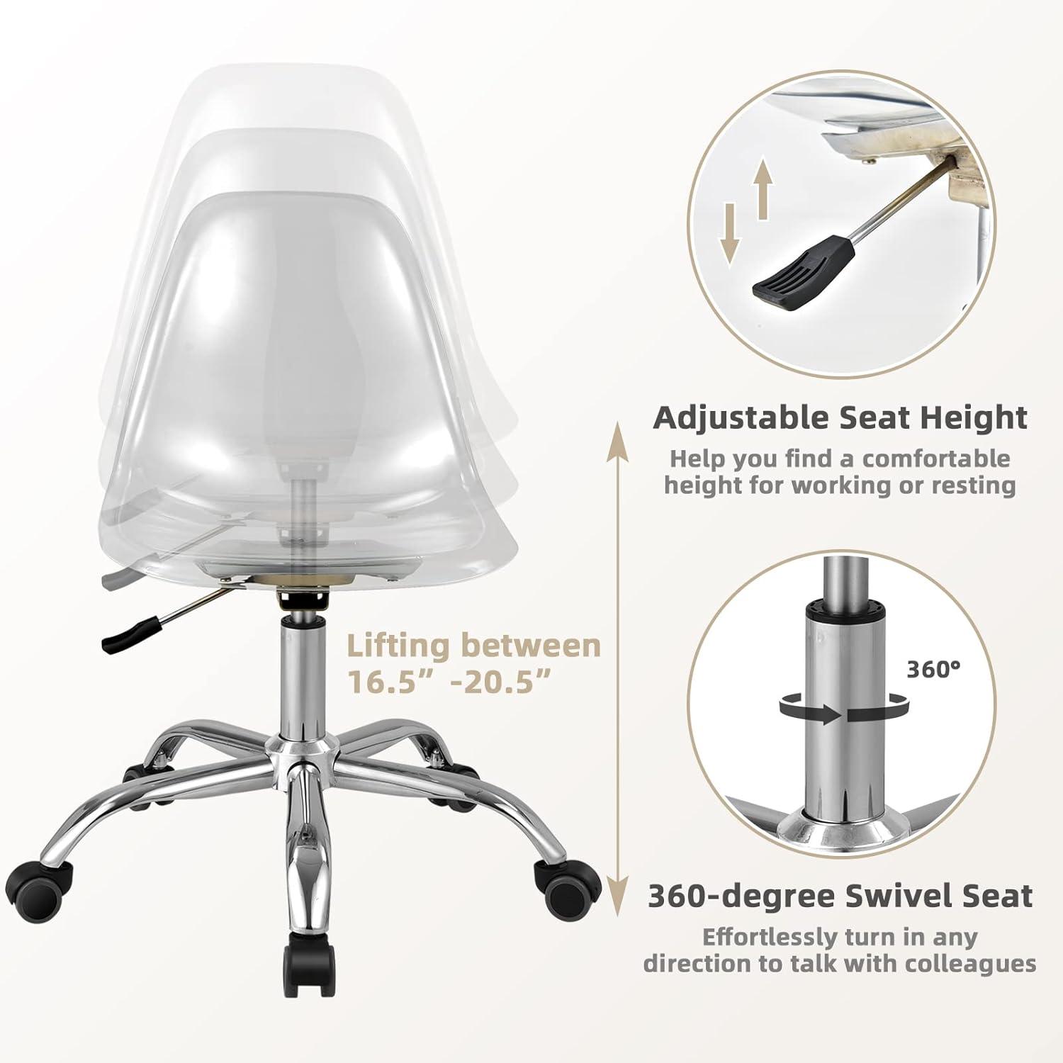 image:imageGiantex Acrylic Clear Desk Chair with PU Leather Cushion Modern Small Home Office Chair with Wheels Armless Swivel Rolling Vanity Chair for Office Make up Small Spaces Bedroom2