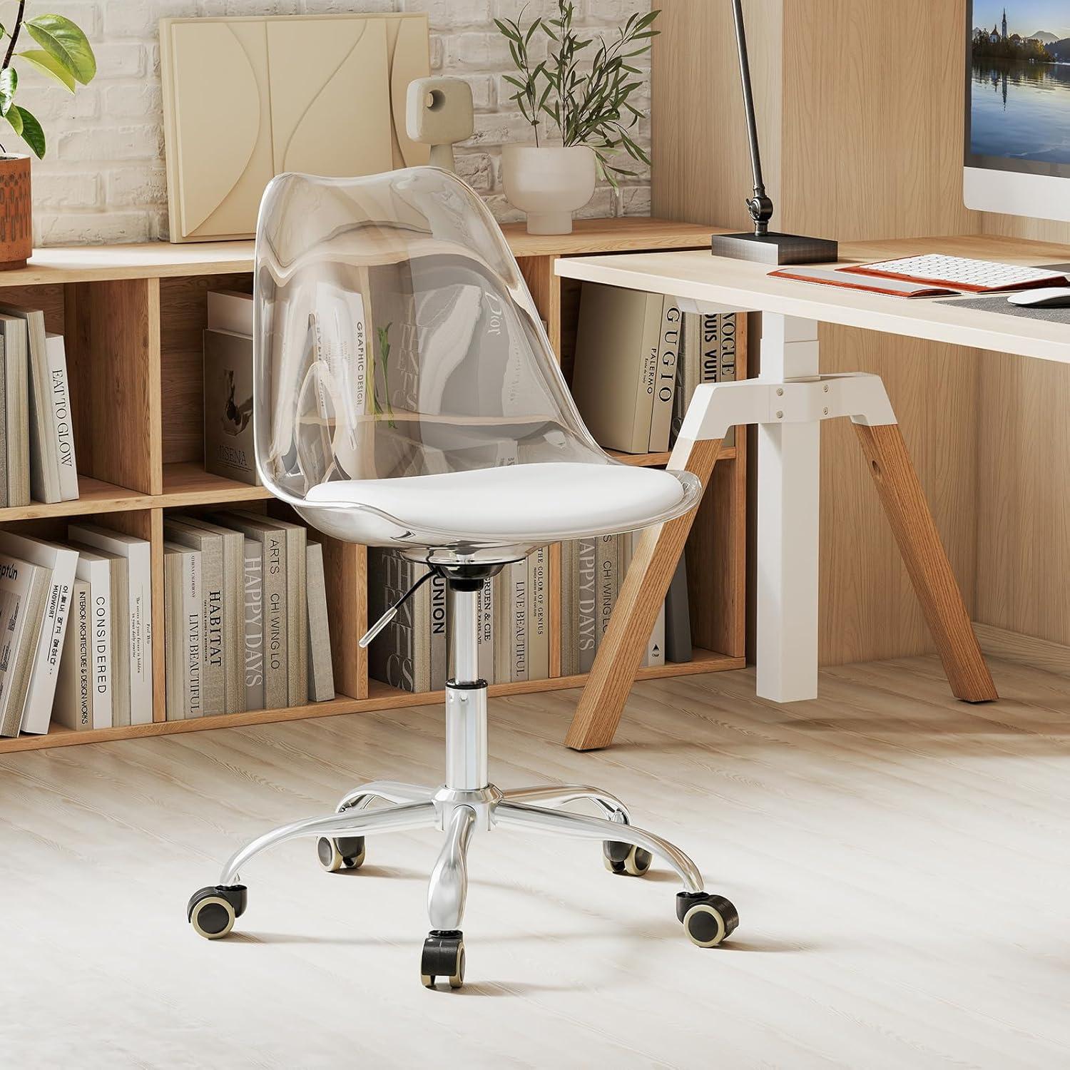 image:imageGiantex Acrylic Clear Desk Chair with PU Leather Cushion Modern Small Home Office Chair with Wheels Armless Swivel Rolling Vanity Chair for Office Make up Small Spaces Bedroom2