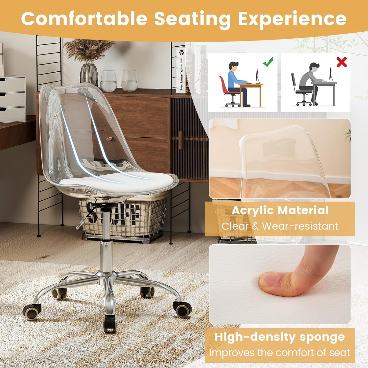 image:imageGiantex Acrylic Clear Desk Chair with PU Leather Cushion Modern Small Home Office Chair with Wheels Armless Swivel Rolling Vanity Chair for Office Make up Small Spaces Bedroom2