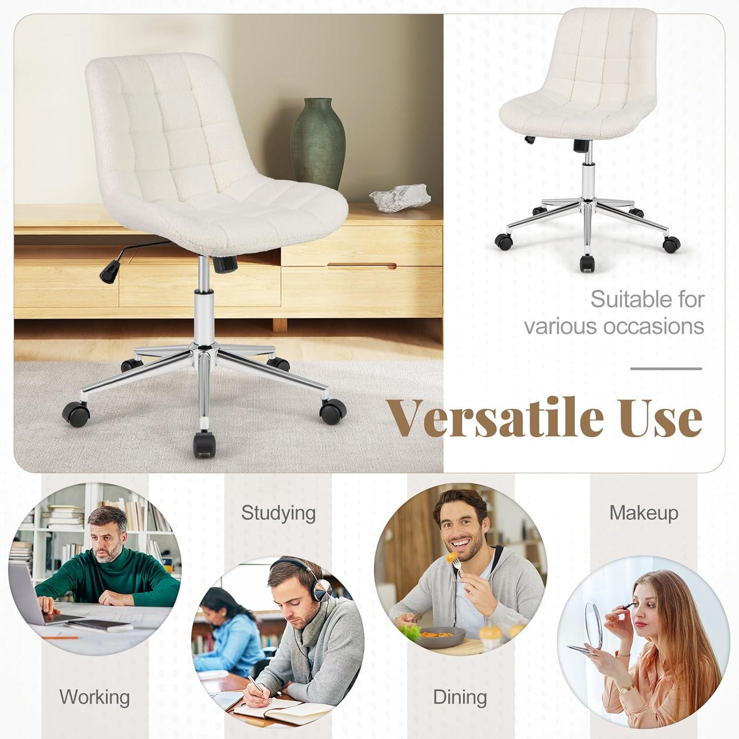 image:imageGiantex Armless Office Chair Modern Faux Fur White Vanity Chair with Wheels amp Adjustable Height 360 Rolling Swivel Task Computer Seat Home Office Desk Chair for Makeup Bedroom Small SpaceWhite