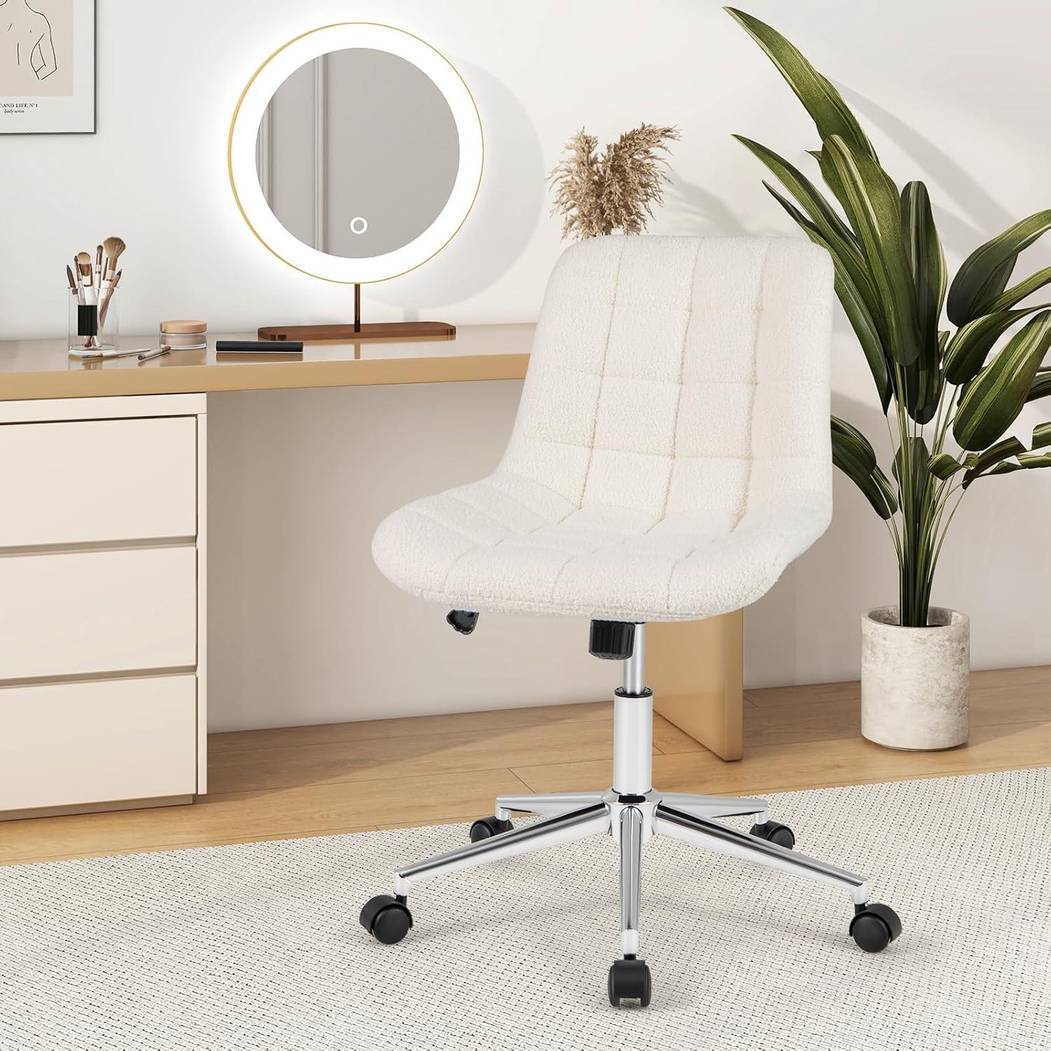image:imageGiantex Armless Office Chair Modern Faux Fur White Vanity Chair with Wheels amp Adjustable Height 360 Rolling Swivel Task Computer Seat Home Office Desk Chair for Makeup Bedroom Small SpaceWhite