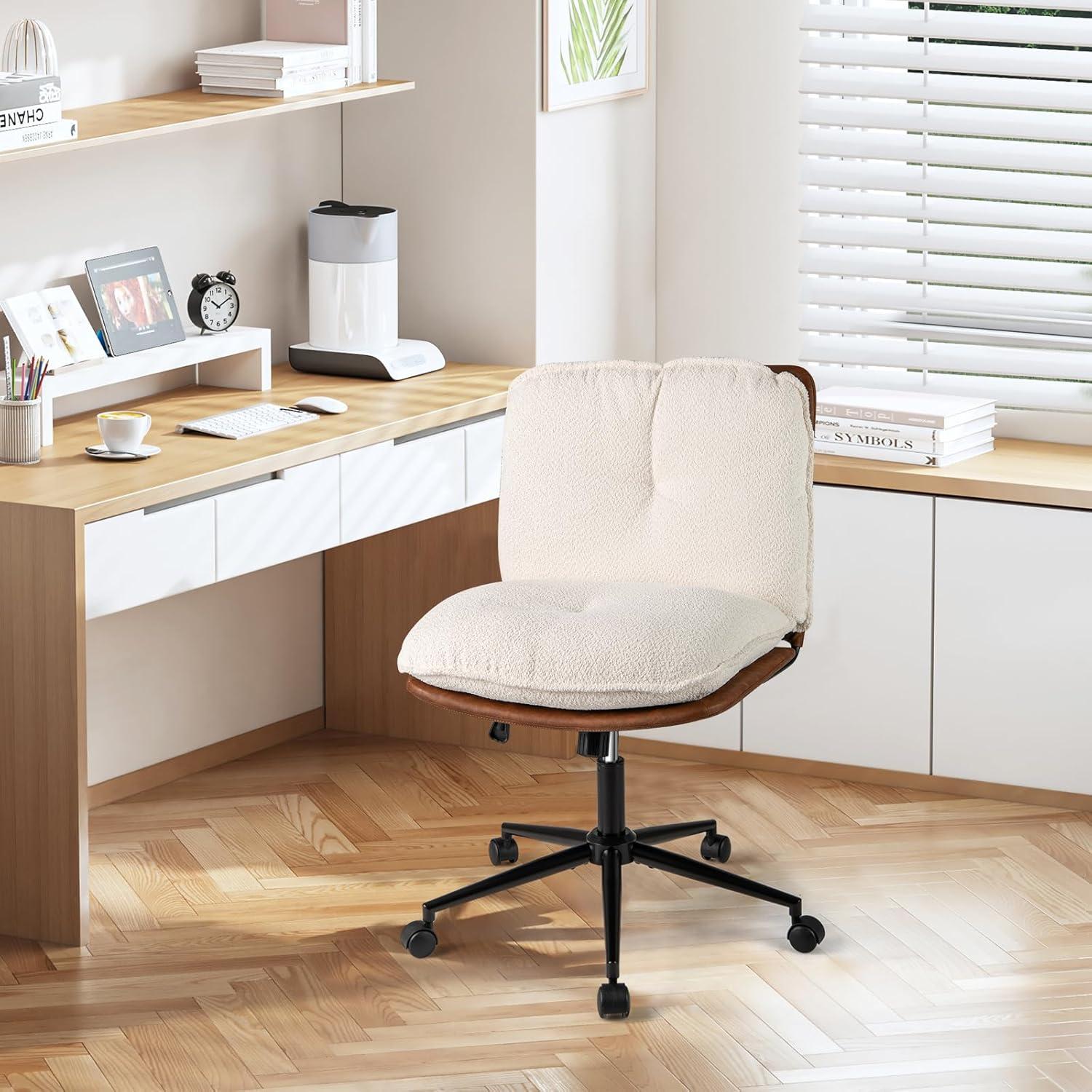 image:imageGiantex Armless Office Chair with Wheels PU Leather Criss Cross Chair with Wide Seat Rocking Backrest amp Thick Padded Cushion Adjustable Swivel Comfy Vanity Chair for Small Spaces Bedroom White
