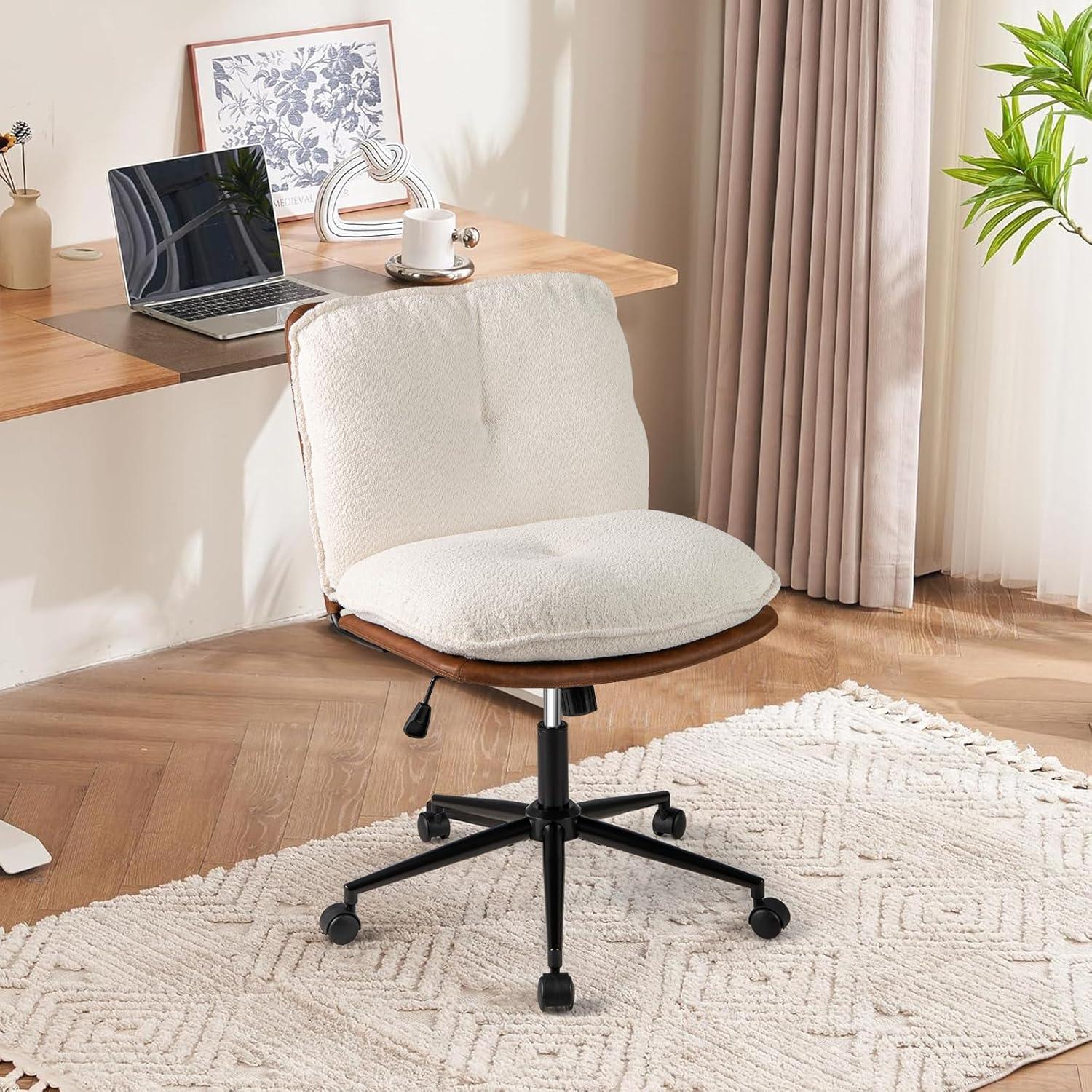 image:imageGiantex Armless Office Chair with Wheels PU Leather Criss Cross Chair with Wide Seat Rocking Backrest amp Thick Padded Cushion Adjustable Swivel Comfy Vanity Chair for Small Spaces Bedroom White