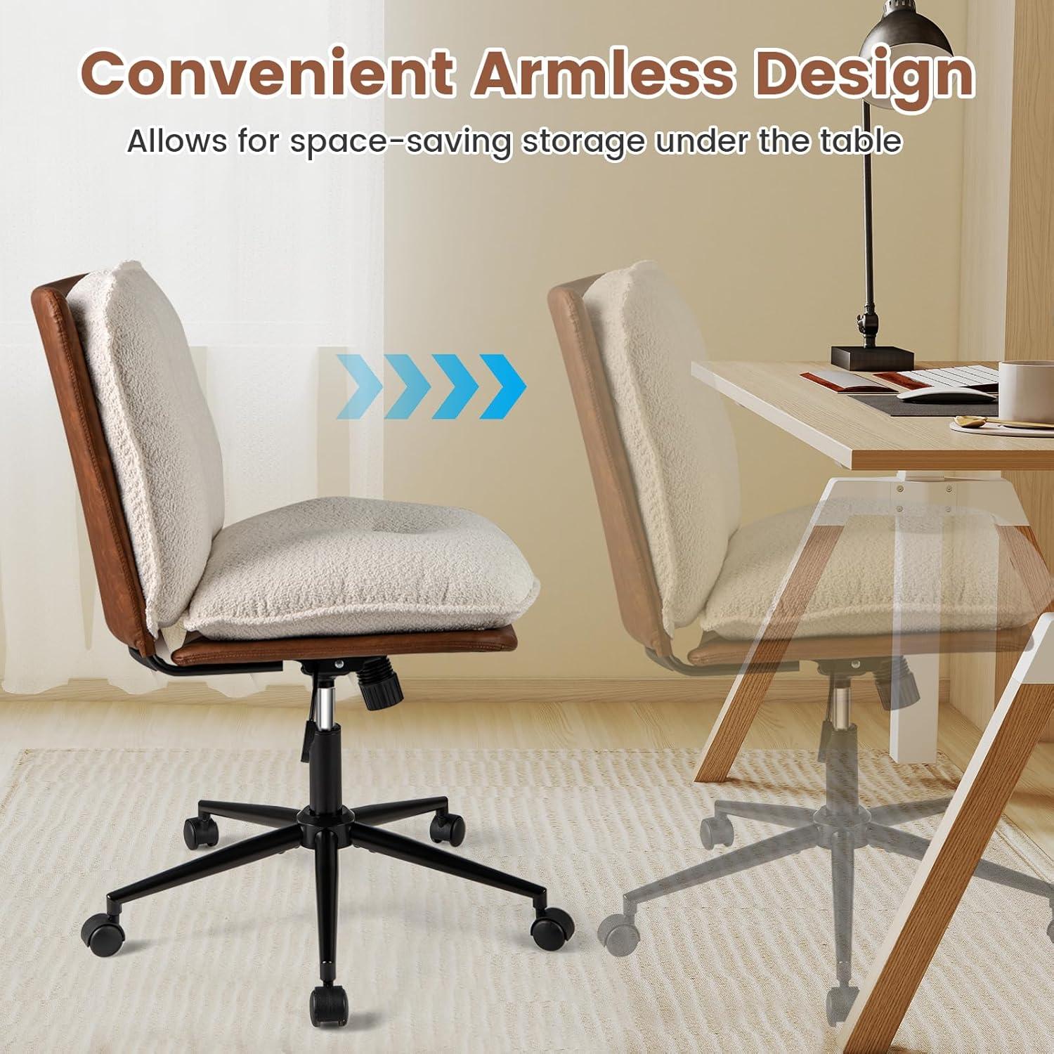 image:imageGiantex Armless Office Chair with Wheels PU Leather Criss Cross Chair with Wide Seat Rocking Backrest amp Thick Padded Cushion Adjustable Swivel Comfy Vanity Chair for Small Spaces Bedroom White