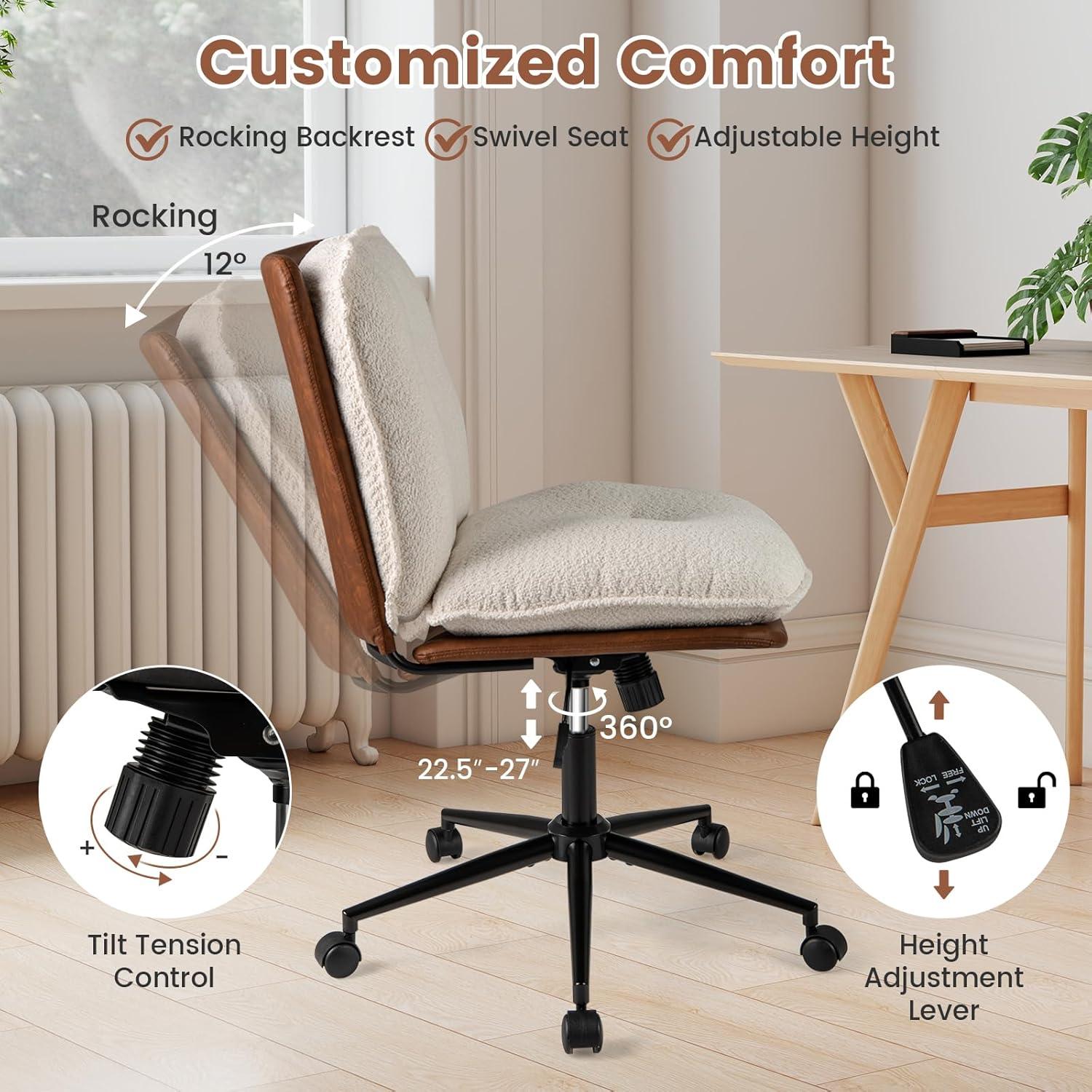 image:imageGiantex Armless Office Chair with Wheels PU Leather Criss Cross Chair with Wide Seat Rocking Backrest amp Thick Padded Cushion Adjustable Swivel Comfy Vanity Chair for Small Spaces Bedroom White