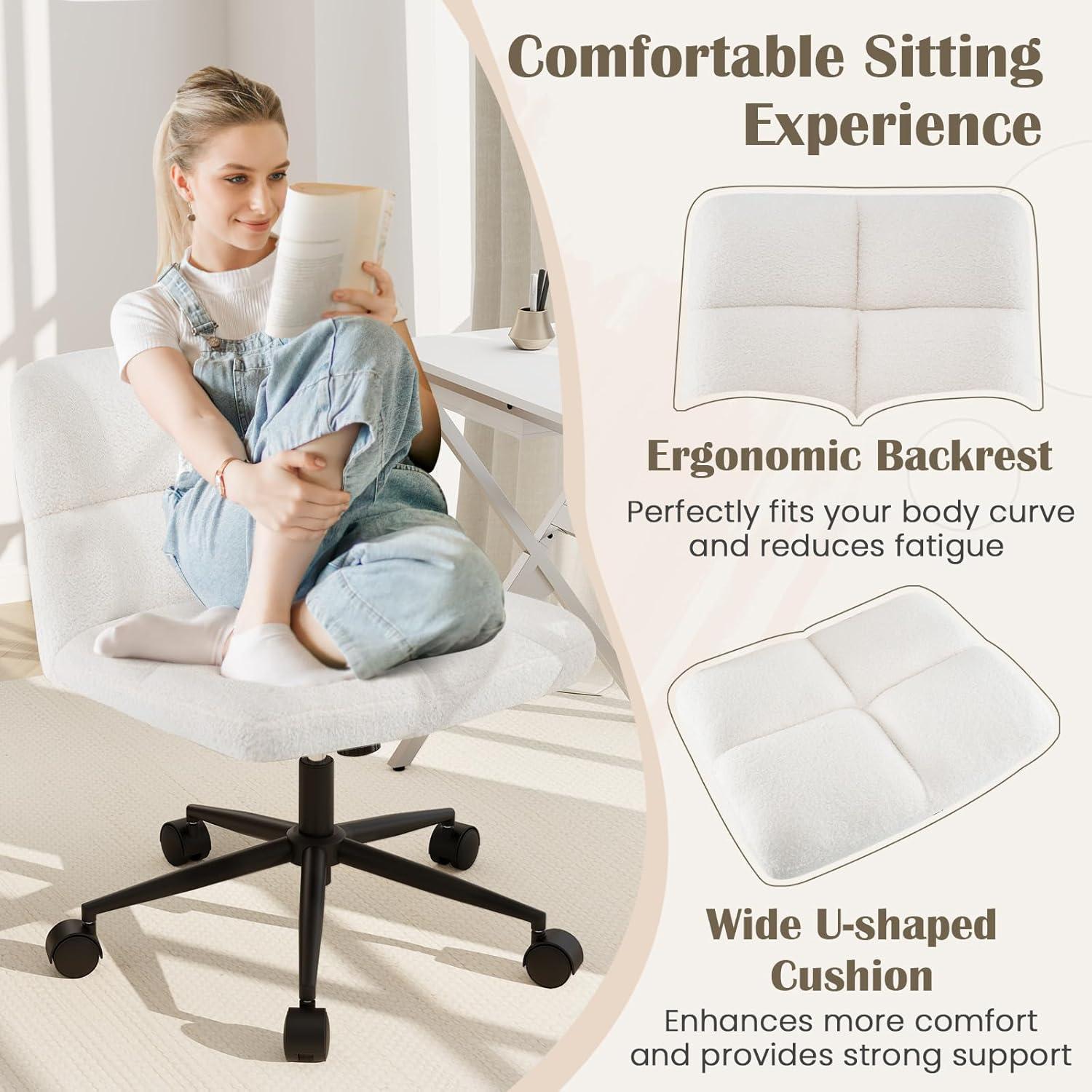 image:imageGiantex Criss Cross Chair Armless Cross Legged Office Chair Faux Fur Adjustable Swivel Ergonomic Desk Seat No Wheels Modern Wide Makeup Task Vanity Chair for Home Light GrayBeige