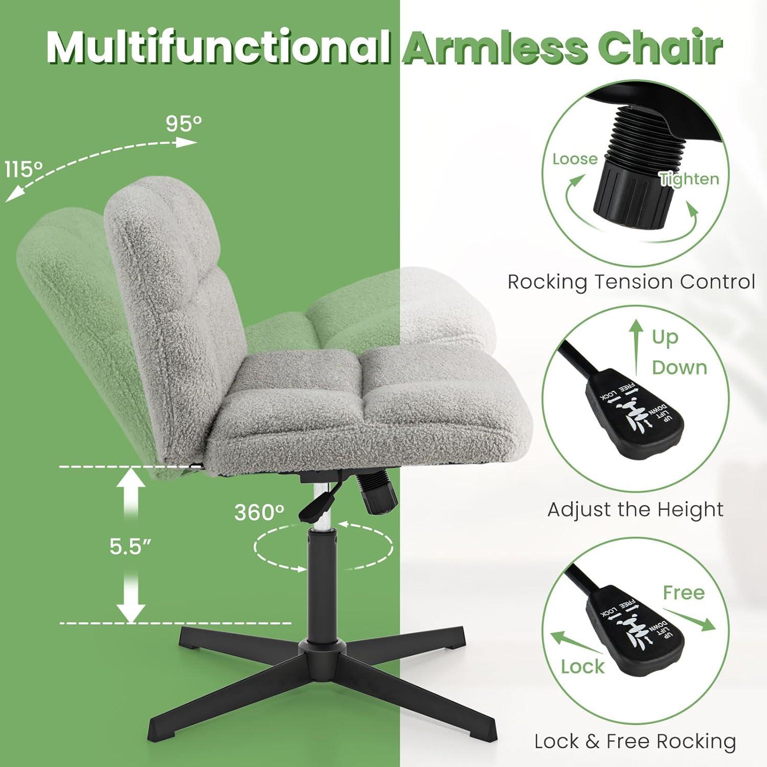 image:imageGiantex Criss Cross Chair Armless Cross Legged Office Chair Faux Fur Adjustable Swivel Ergonomic Desk Seat No Wheels Modern Wide Makeup Task Vanity Chair for Home Light GrayLight Gray