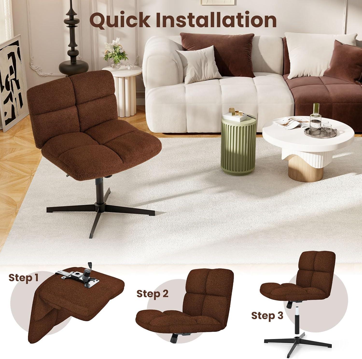 image:imageGiantex Criss Cross Chair Armless Cross Legged Office Chair Faux Fur Adjustable Swivel Ergonomic Desk Seat No Wheels Modern Wide Makeup Task Vanity Chair for Home Light GrayEspresso