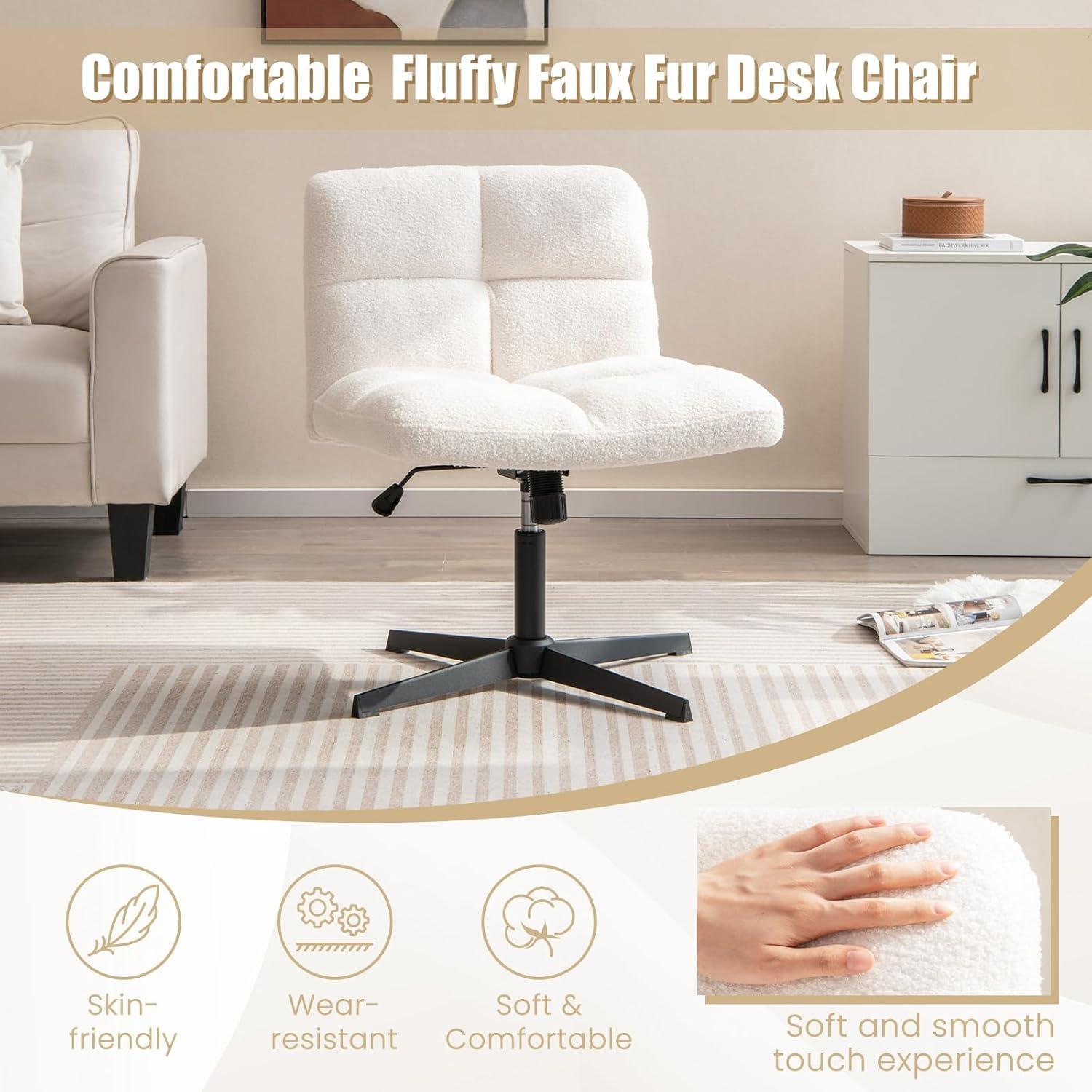 image:imageGiantex Criss Cross Chair Armless Cross Legged Office Chair Faux Fur Adjustable Swivel Ergonomic Desk Seat No Wheels Modern Wide Makeup Task Vanity Chair for Home Light GrayBeige
