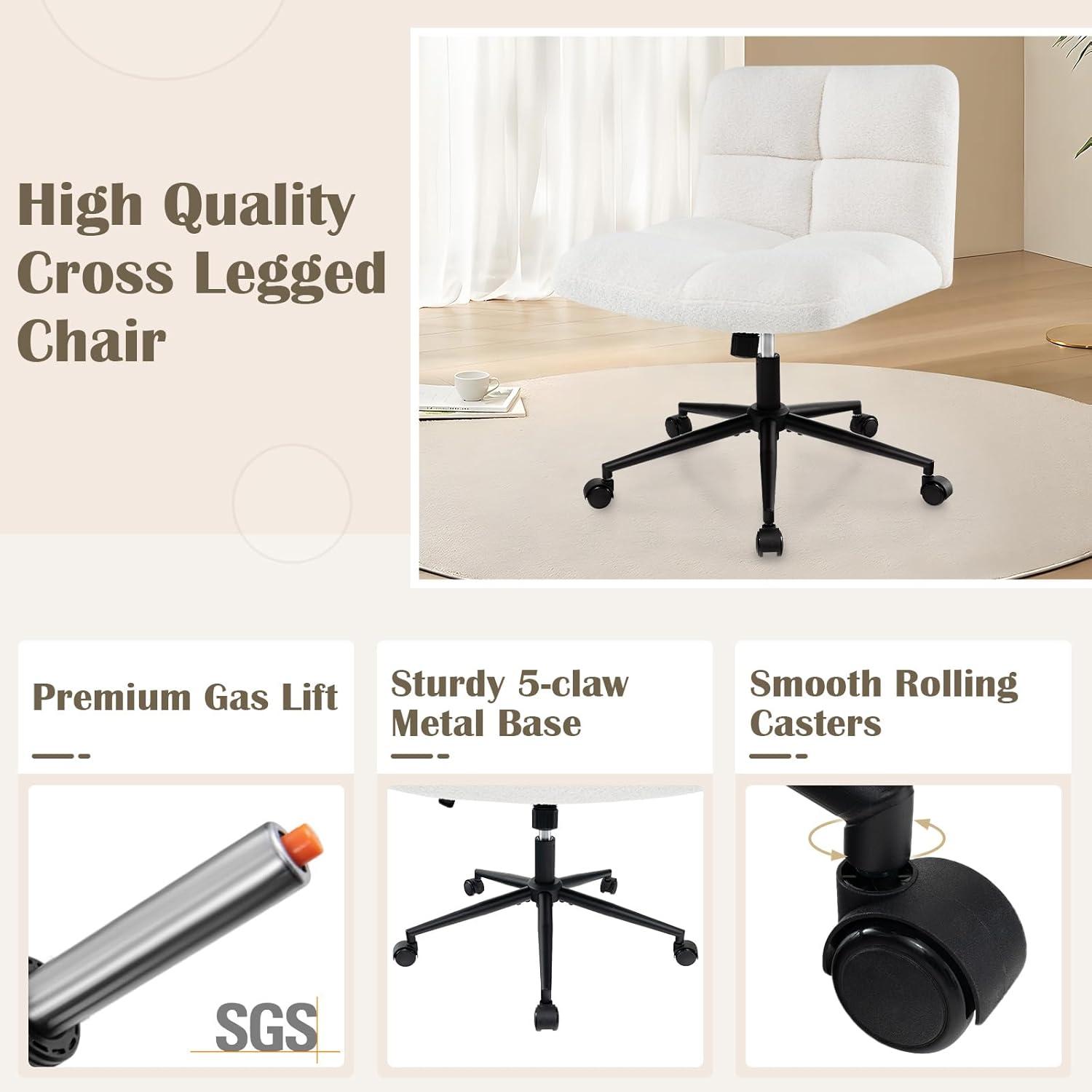 image:imageGiantex Criss Cross Chair Armless Cross Legged Office Chair Faux Fur Adjustable Swivel Ergonomic Desk Seat No Wheels Modern Wide Makeup Task Vanity Chair for Home Light GrayBeige