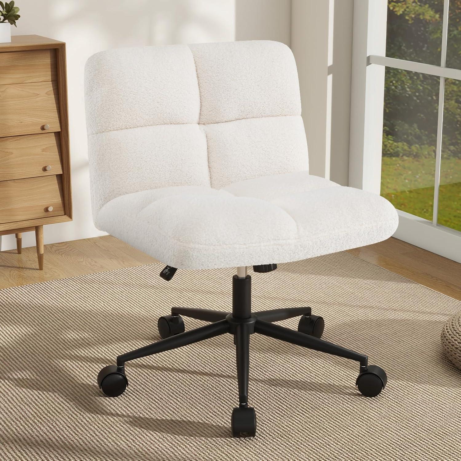 image:imageGiantex Criss Cross Chair Armless Cross Legged Office Chair Faux Fur Adjustable Swivel Ergonomic Desk Seat No Wheels Modern Wide Makeup Task Vanity Chair for Home Light GrayBeige