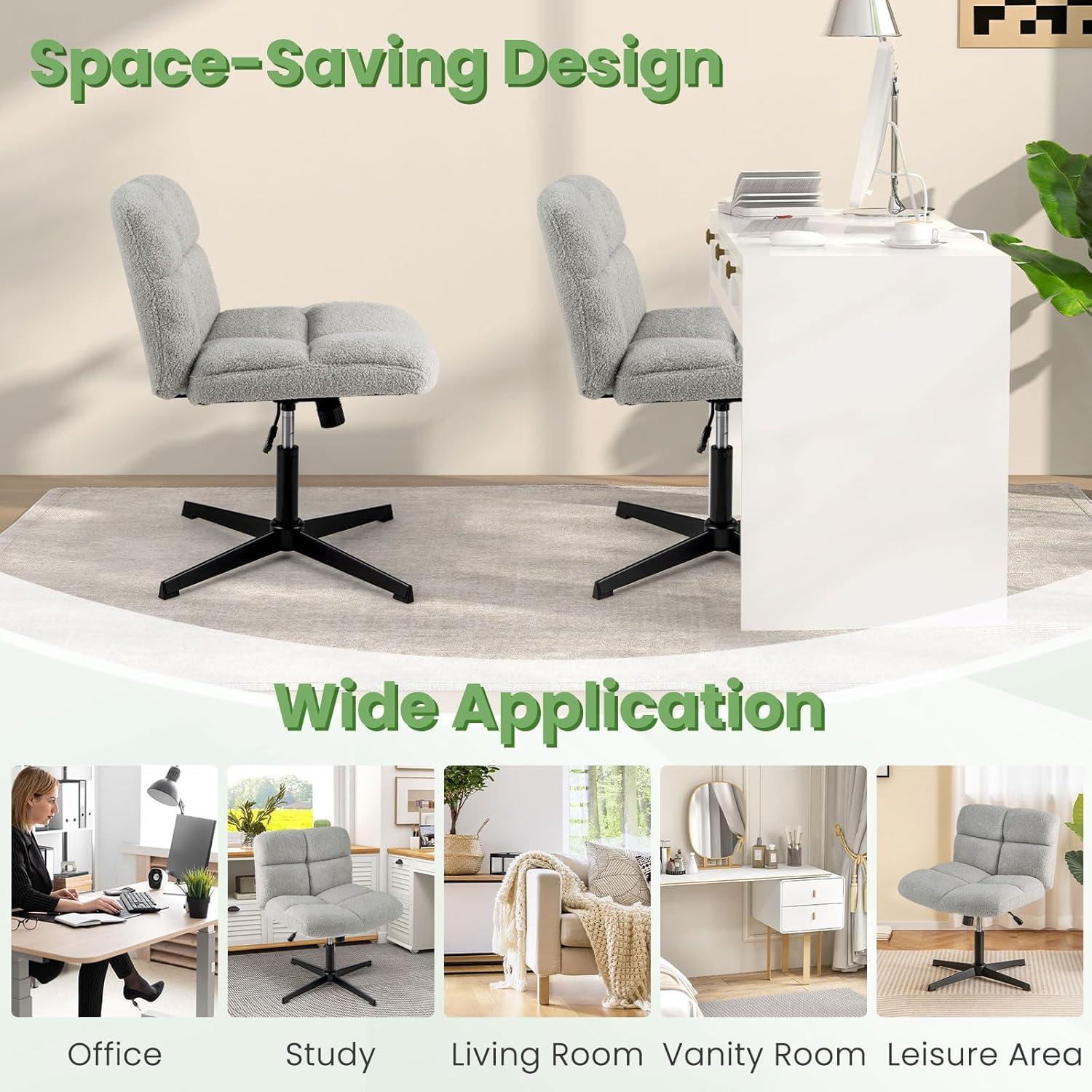 image:imageGiantex Criss Cross Chair Armless Cross Legged Office Chair Faux Fur Adjustable Swivel Ergonomic Desk Seat No Wheels Modern Wide Makeup Task Vanity Chair for Home Light GrayLight Gray