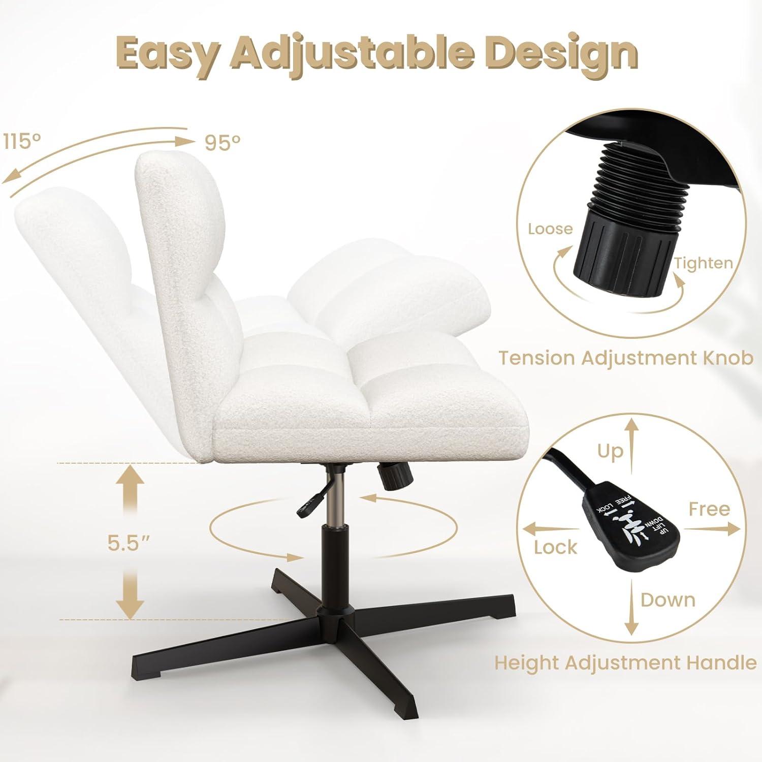 image:imageGiantex Criss Cross Chair Armless Cross Legged Office Chair Faux Fur Adjustable Swivel Ergonomic Desk Seat No Wheels Modern Wide Makeup Task Vanity Chair for Home Light GrayBeige