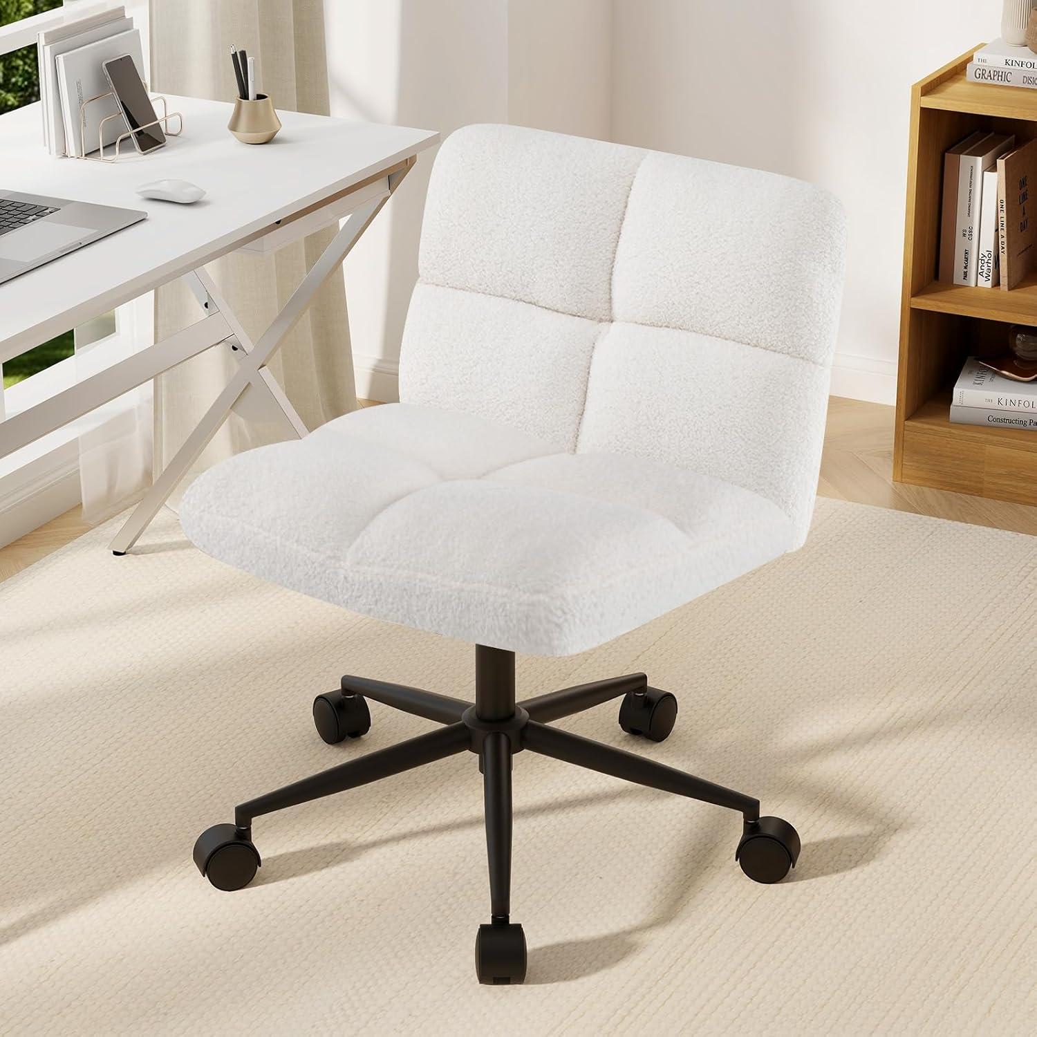 image:imageGiantex Criss Cross Chair Armless Cross Legged Office Chair Faux Fur Adjustable Swivel Ergonomic Desk Seat No Wheels Modern Wide Makeup Task Vanity Chair for Home Light GrayBeige
