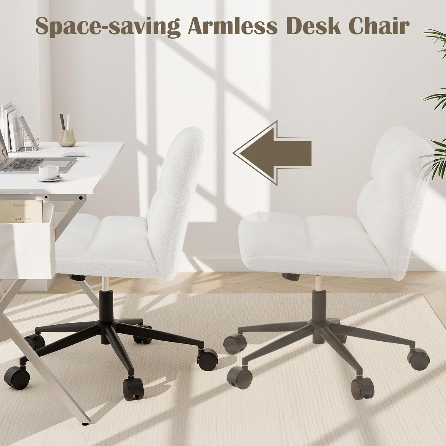 image:imageGiantex Criss Cross Chair Armless Cross Legged Office Chair Faux Fur Adjustable Swivel Ergonomic Desk Seat No Wheels Modern Wide Makeup Task Vanity Chair for Home Light GrayBeige