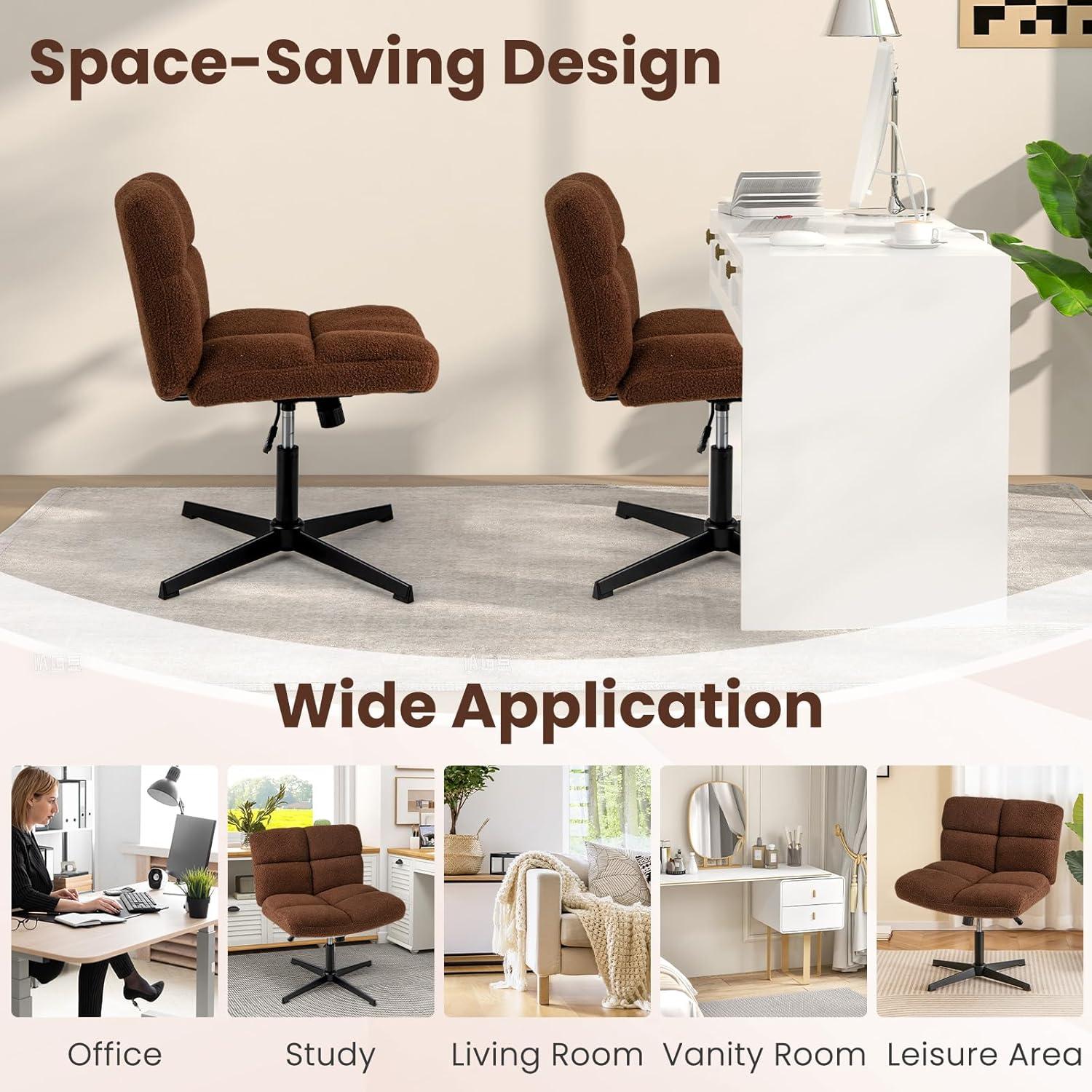 image:imageGiantex Criss Cross Chair Armless Cross Legged Office Chair Faux Fur Adjustable Swivel Ergonomic Desk Seat No Wheels Modern Wide Makeup Task Vanity Chair for Home Light GrayEspresso