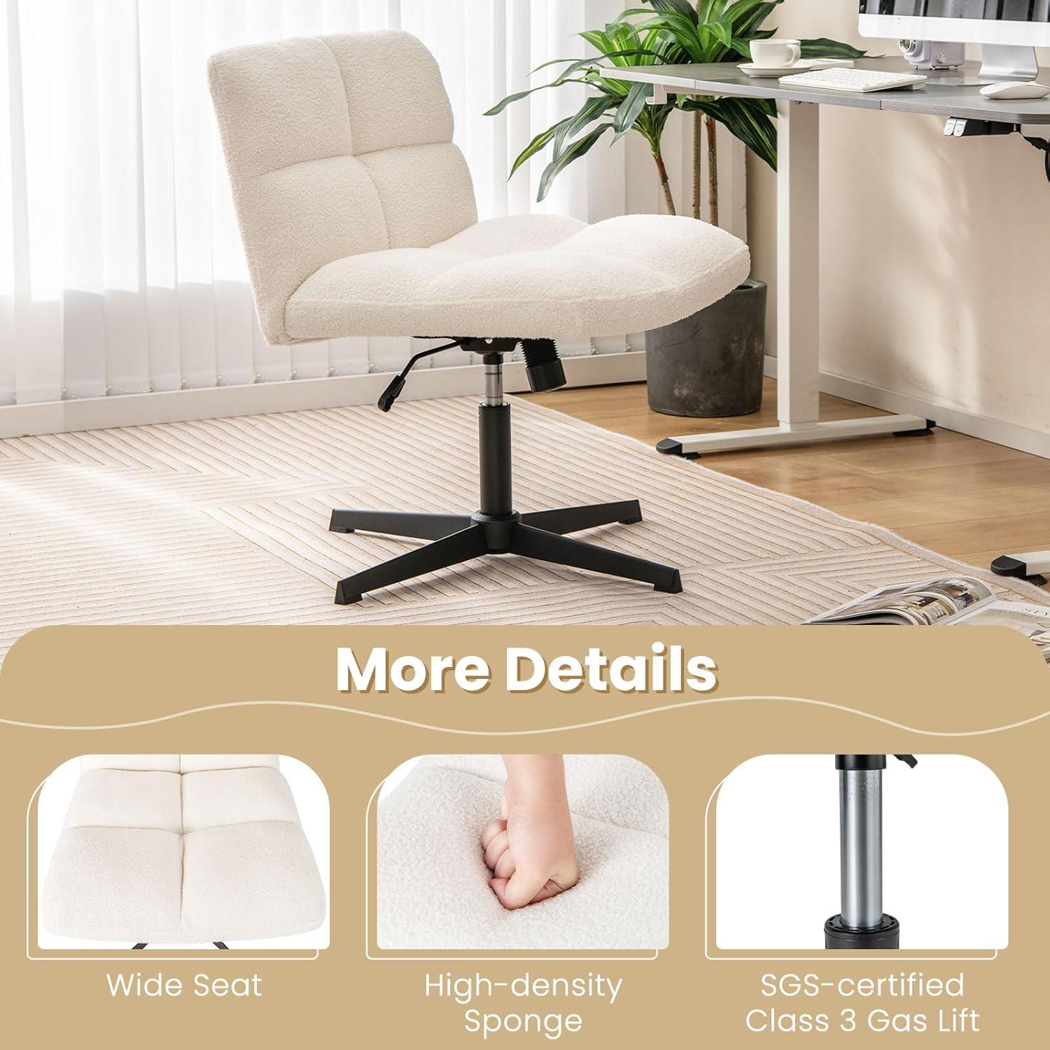 image:imageGiantex Criss Cross Chair Armless Cross Legged Office Chair Faux Fur Adjustable Swivel Ergonomic Desk Seat No Wheels Modern Wide Makeup Task Vanity Chair for Home Light GrayBeige