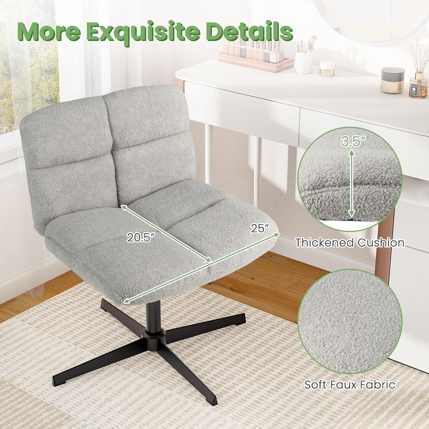 image:imageGiantex Criss Cross Chair Armless Cross Legged Office Chair Faux Fur Adjustable Swivel Ergonomic Desk Seat No Wheels Modern Wide Makeup Task Vanity Chair for Home Light GrayLight Gray