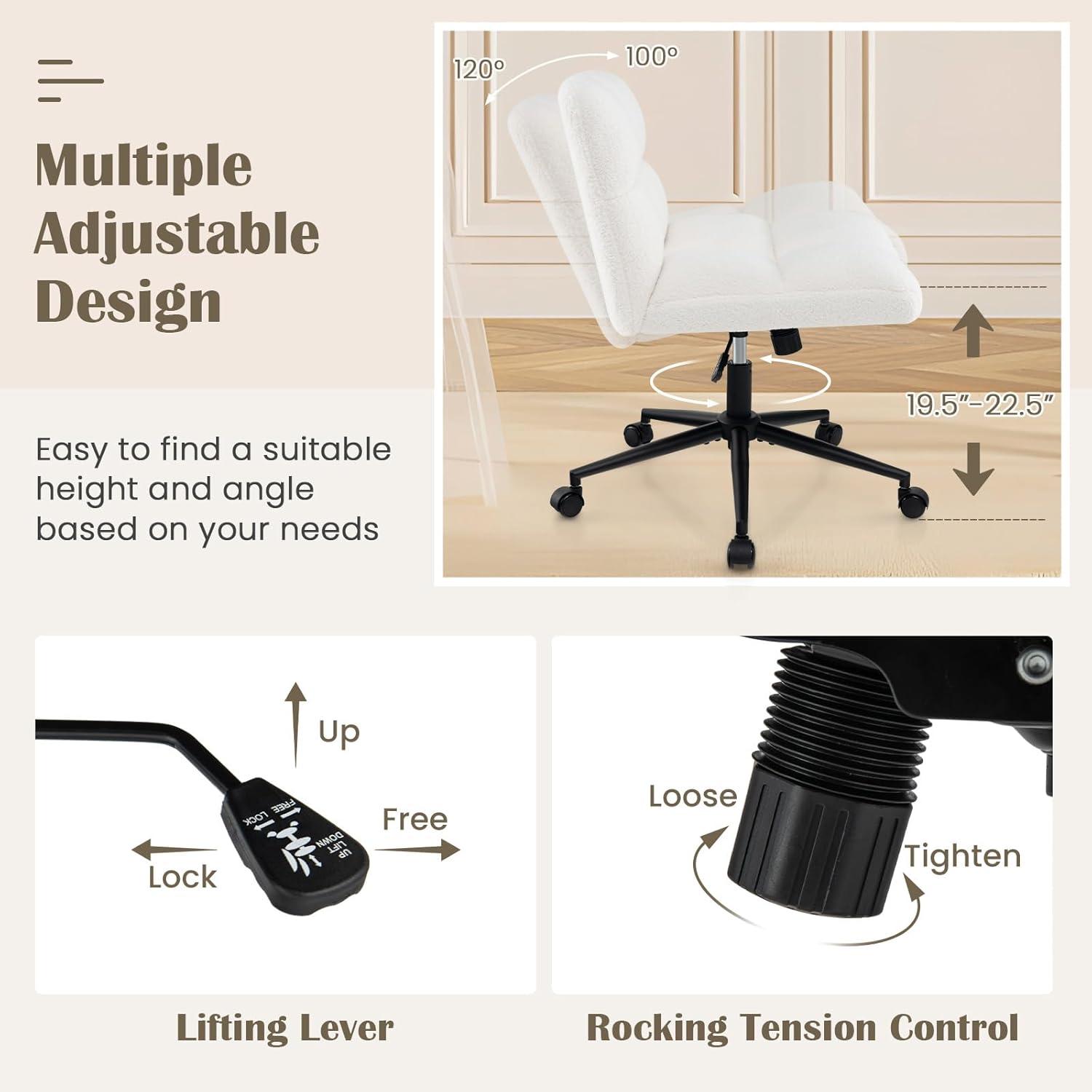 image:imageGiantex Criss Cross Chair Armless Cross Legged Office Chair Faux Fur Adjustable Swivel Ergonomic Desk Seat No Wheels Modern Wide Makeup Task Vanity Chair for Home Light GrayBeige