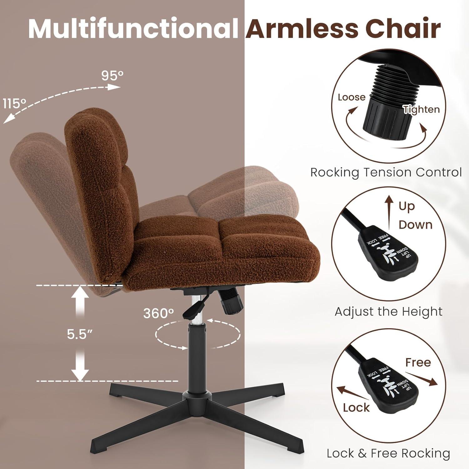 image:imageGiantex Criss Cross Chair Armless Cross Legged Office Chair Faux Fur Adjustable Swivel Ergonomic Desk Seat No Wheels Modern Wide Makeup Task Vanity Chair for Home Light GrayEspresso
