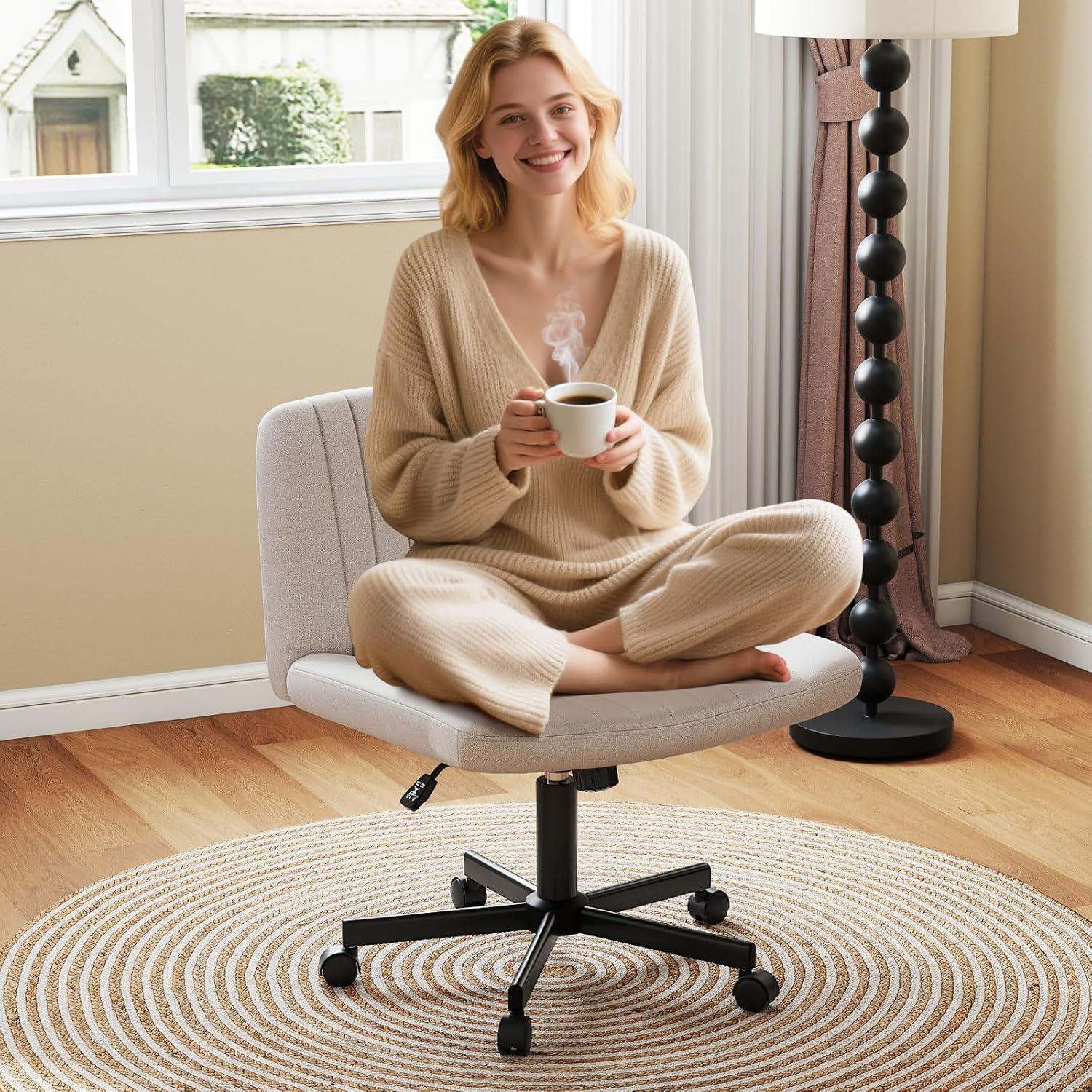 image:imageGiantex Criss Cross Chair with Wheels Armless Cross Legged Office Chair Fabric Adjustable Swivel Ergonomic Desk Seat Modern Wide Makeup Task Vanity Chair for Home GrayBeige