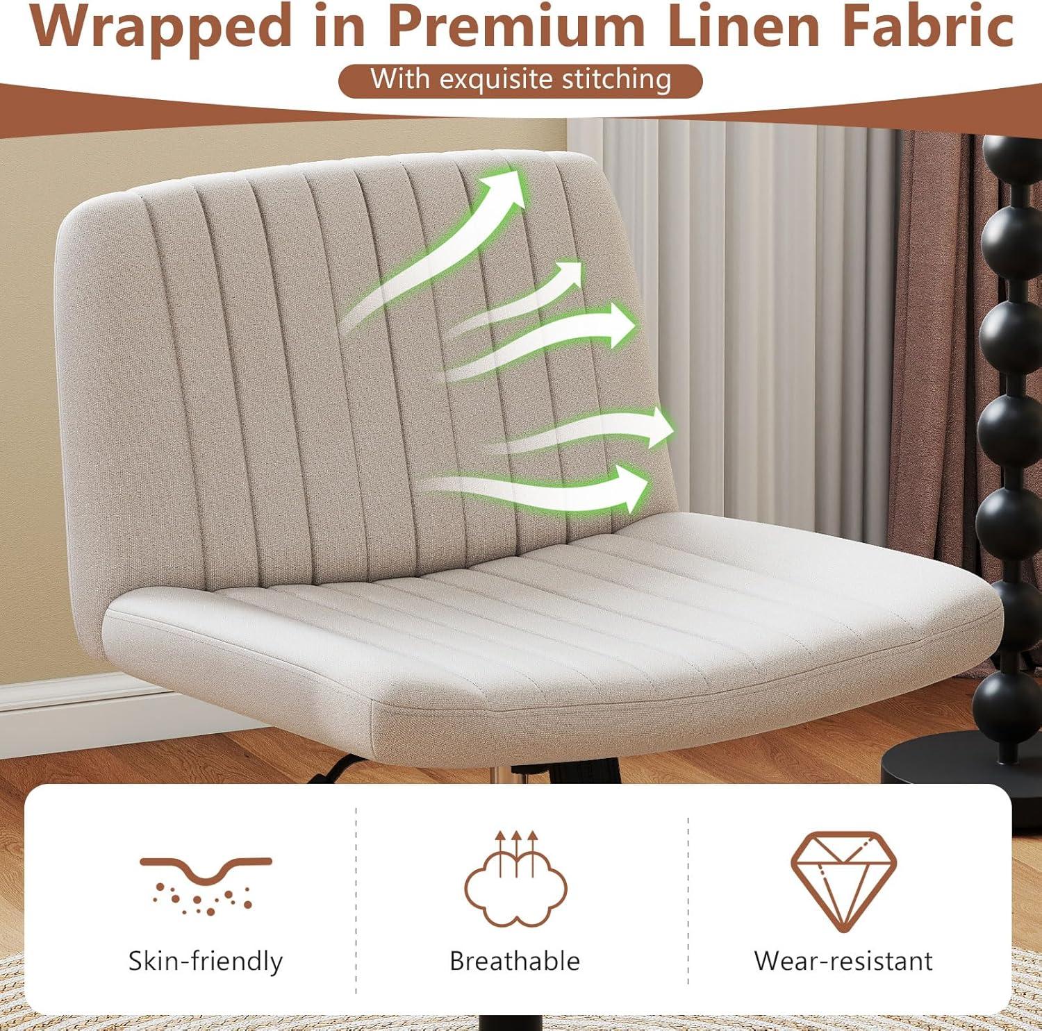 image:imageGiantex Criss Cross Chair with Wheels Armless Cross Legged Office Chair Fabric Adjustable Swivel Ergonomic Desk Seat Modern Wide Makeup Task Vanity Chair for Home GrayBeige