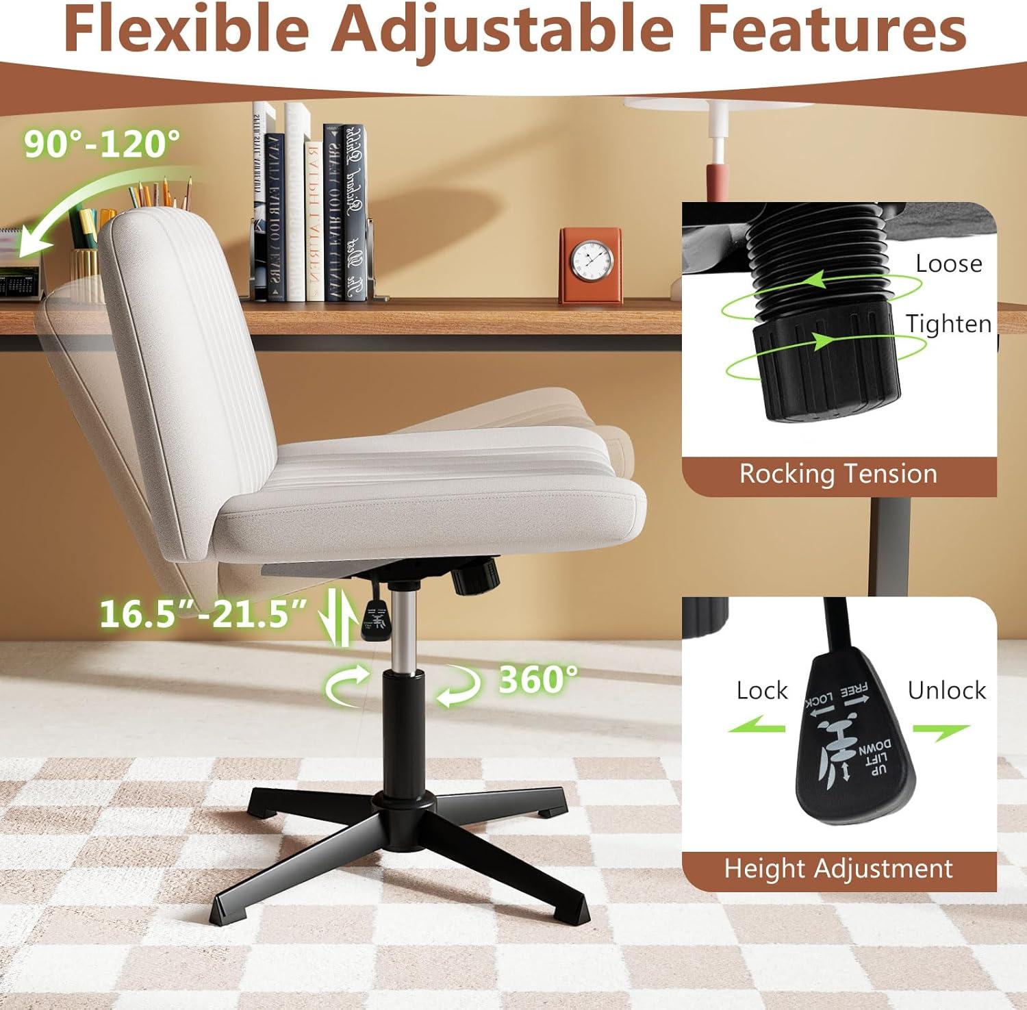 image:imageGiantex Criss Cross Chair with Wheels Armless Cross Legged Office Chair Fabric Adjustable Swivel Ergonomic Desk Seat Modern Wide Makeup Task Vanity Chair for Home GrayBeige