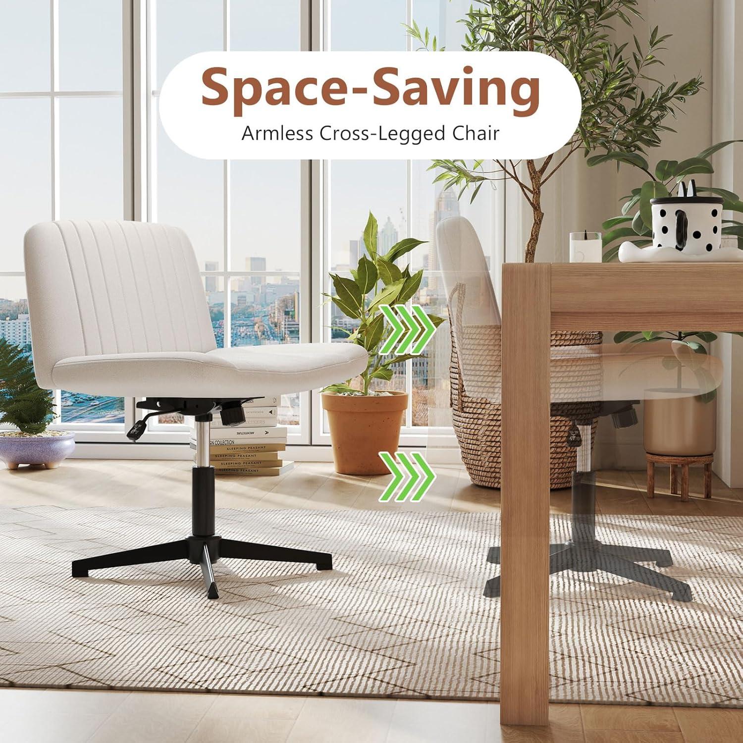 image:imageGiantex Criss Cross Chair with Wheels Armless Cross Legged Office Chair Fabric Adjustable Swivel Ergonomic Desk Seat Modern Wide Makeup Task Vanity Chair for Home GrayBeige