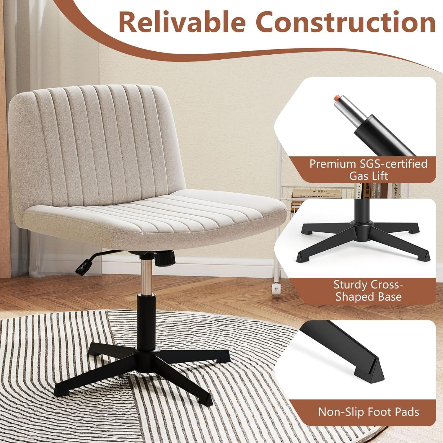 image:imageGiantex Criss Cross Chair with Wheels Armless Cross Legged Office Chair Fabric Adjustable Swivel Ergonomic Desk Seat Modern Wide Makeup Task Vanity Chair for Home GrayBeige