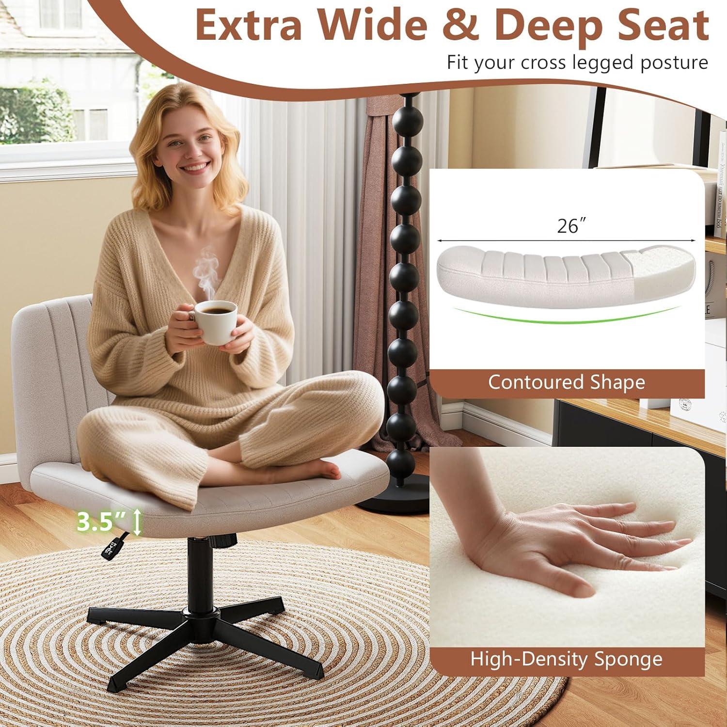 image:imageGiantex Criss Cross Chair with Wheels Armless Cross Legged Office Chair Fabric Adjustable Swivel Ergonomic Desk Seat Modern Wide Makeup Task Vanity Chair for Home GrayBeige