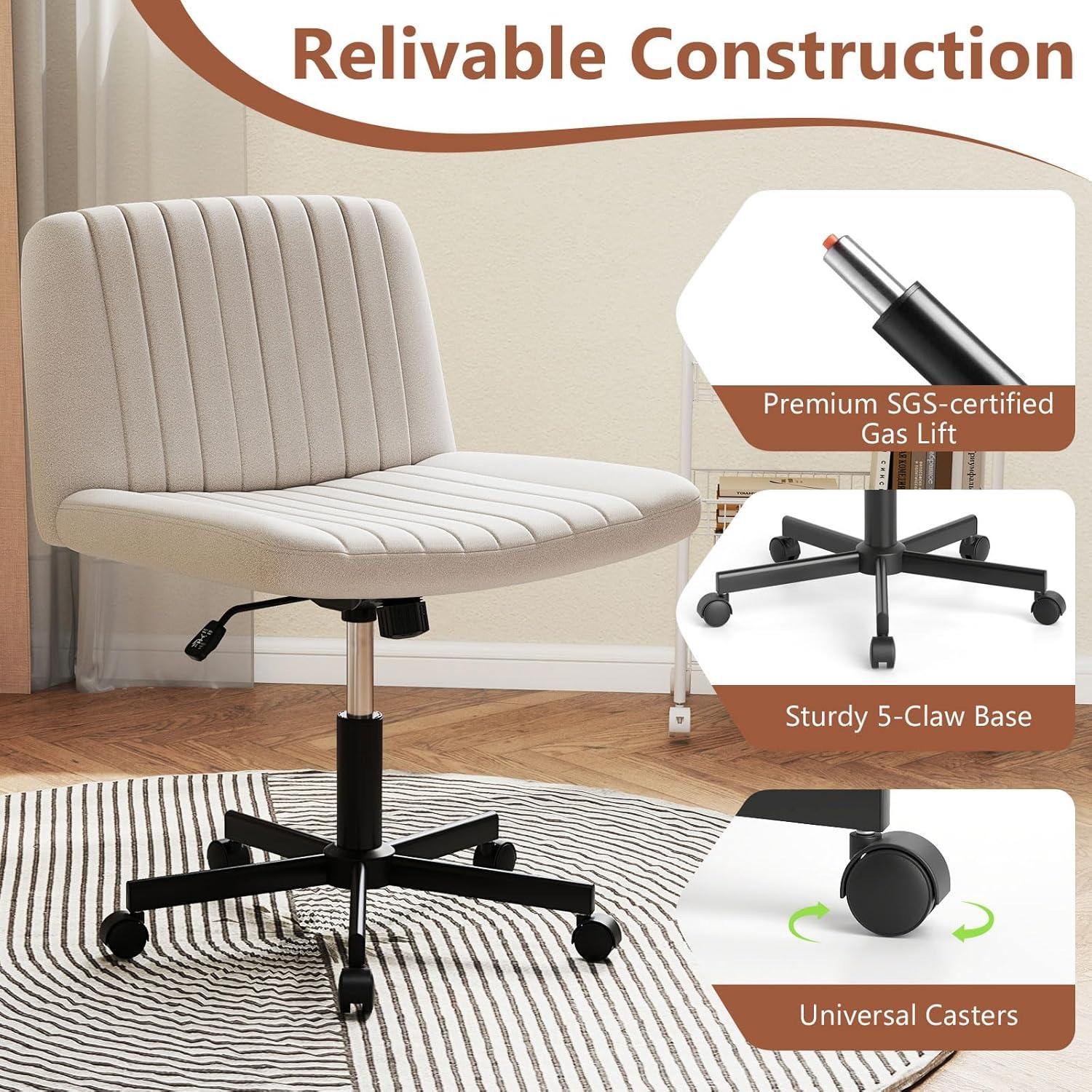 image:imageGiantex Criss Cross Chair with Wheels Armless Cross Legged Office Chair Fabric Adjustable Swivel Ergonomic Desk Seat Modern Wide Makeup Task Vanity Chair for Home GrayBeige