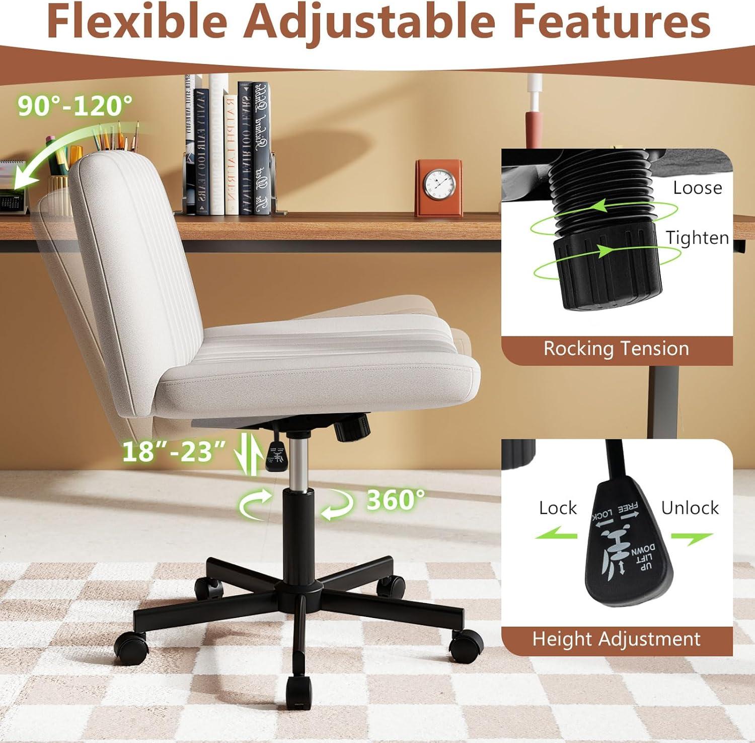 image:imageGiantex Criss Cross Chair with Wheels Armless Cross Legged Office Chair Fabric Adjustable Swivel Ergonomic Desk Seat Modern Wide Makeup Task Vanity Chair for Home GrayBeige