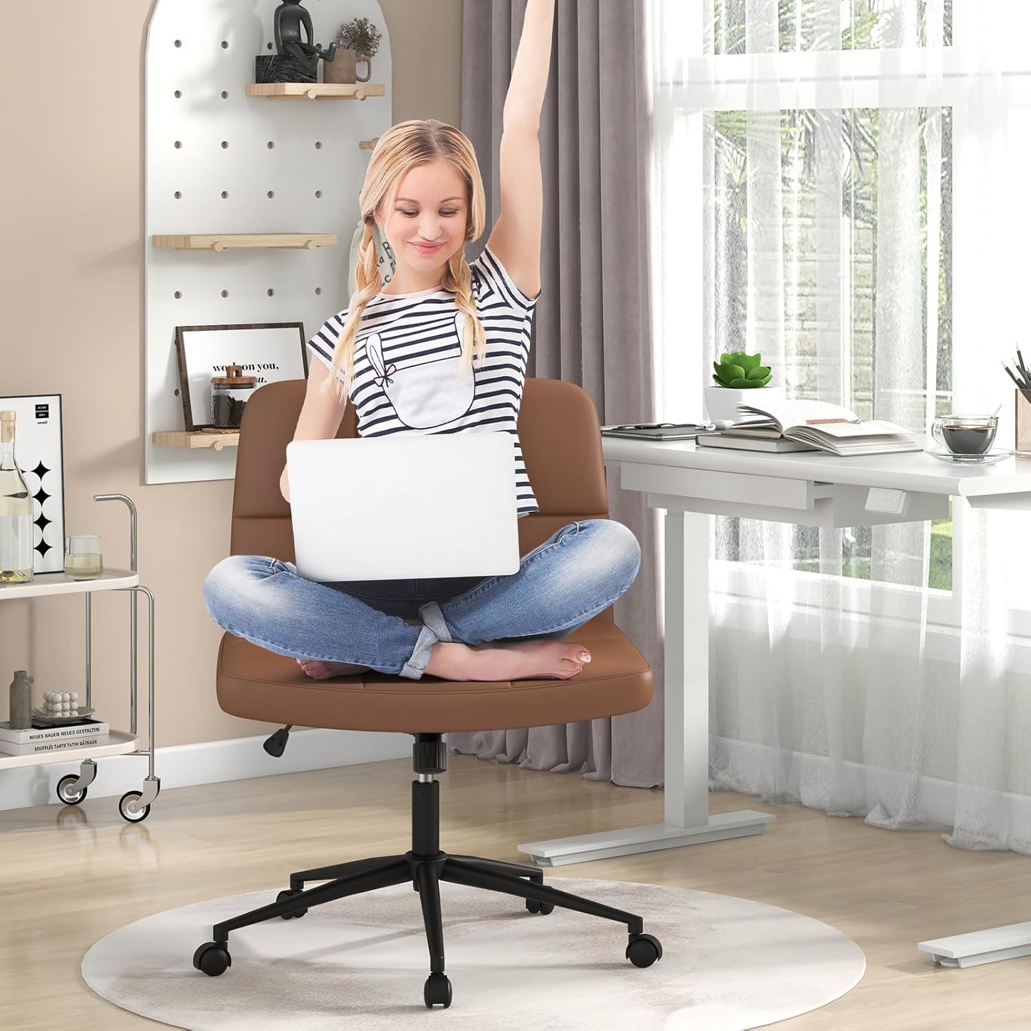 image:imageGiantex Criss Cross Chair with Wheels PU Leather Cross Legged Office Chair HeightAdjustable Swivel Vanity Chair with UShaped Seat Armless Wide Desk Chair for Home Office Make Up Brown