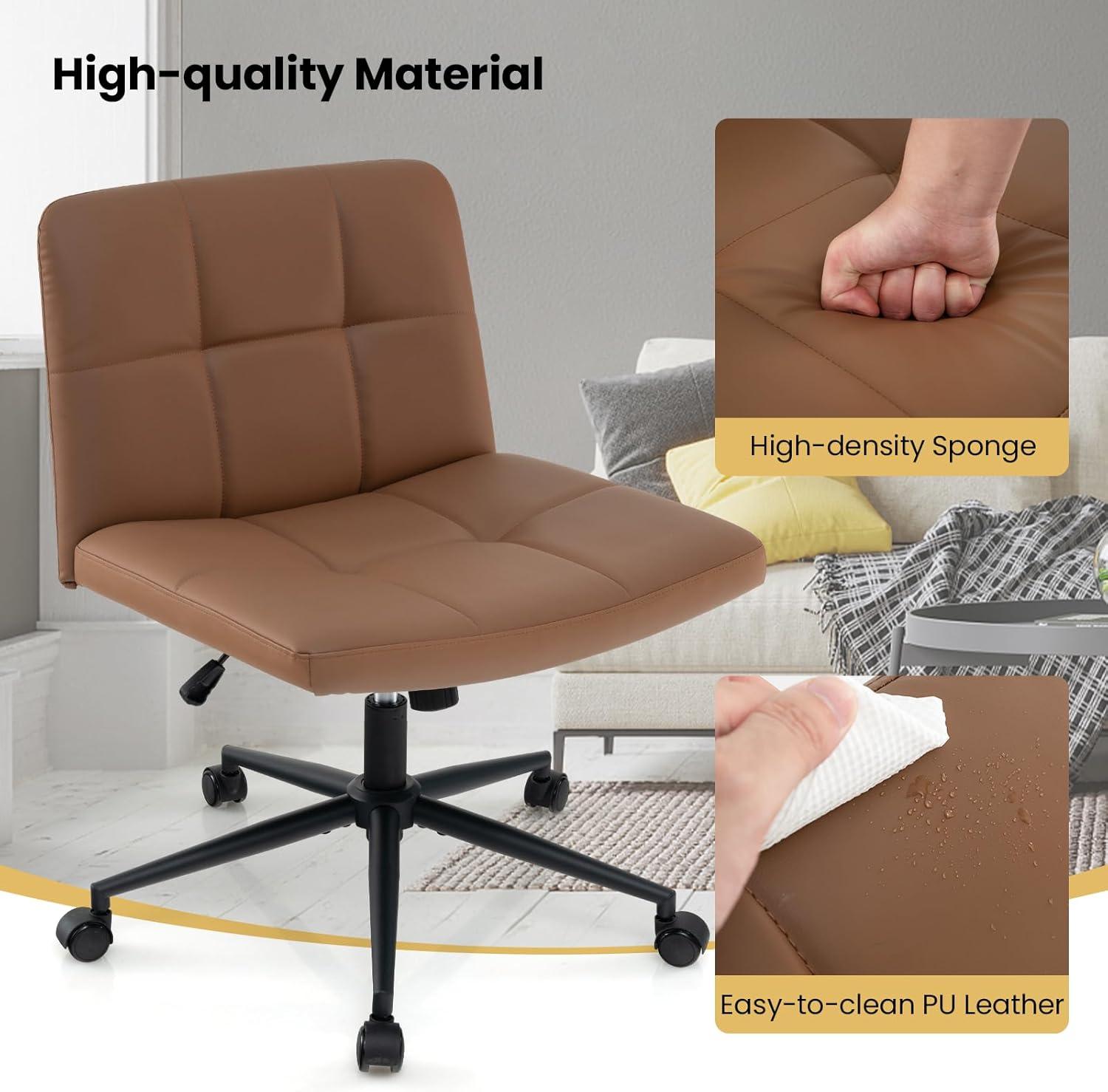 image:imageGiantex Criss Cross Chair with Wheels PU Leather Cross Legged Office Chair HeightAdjustable Swivel Vanity Chair with UShaped Seat Armless Wide Desk Chair for Home Office Make Up Brown