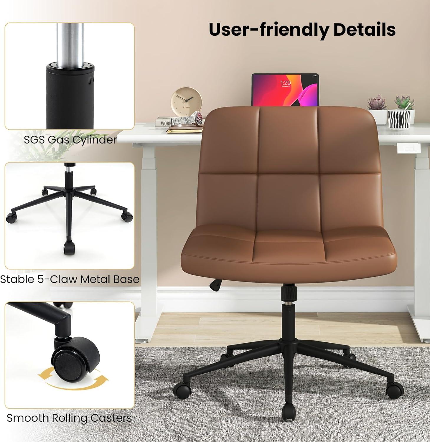 image:imageGiantex Criss Cross Chair with Wheels PU Leather Cross Legged Office Chair HeightAdjustable Swivel Vanity Chair with UShaped Seat Armless Wide Desk Chair for Home Office Make Up Brown