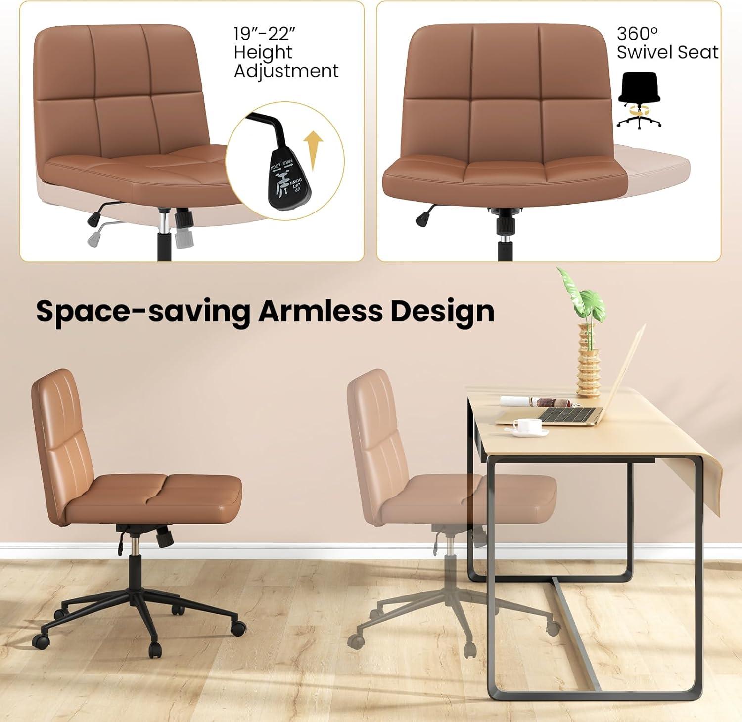 image:imageGiantex Criss Cross Chair with Wheels PU Leather Cross Legged Office Chair HeightAdjustable Swivel Vanity Chair with UShaped Seat Armless Wide Desk Chair for Home Office Make Up Brown