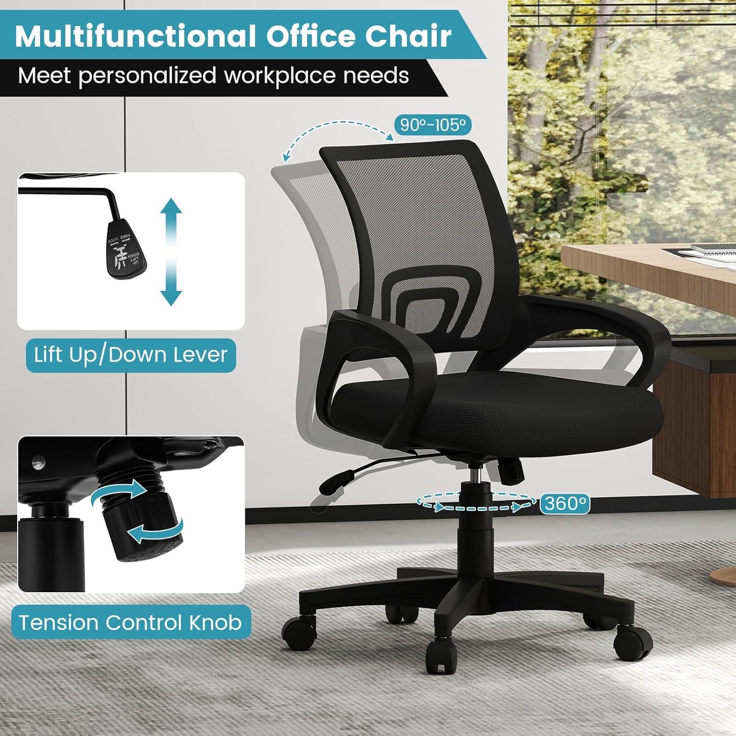 image:imageGiantex Ergonomic Mesh Office Chair MidBack Computer Chair with Breathable Backrest Lumbar Support and Adjustable Height Gaming Chair Swivel Rolling Desk Chair for Home Office Task and Study