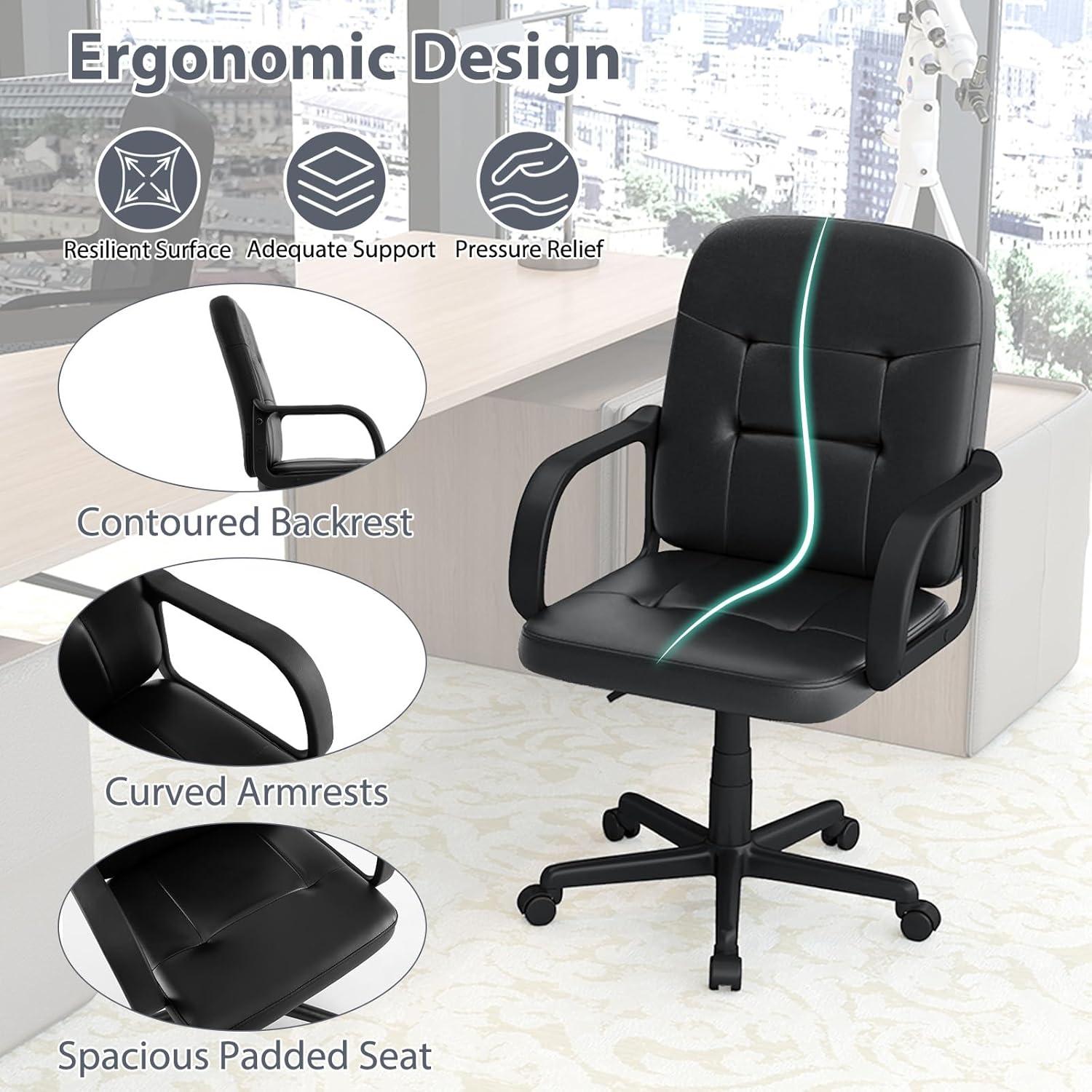 image:imageGiantex Leather Office Chair PU Ergonomic Desk Chair with Mid Back amp Curved Armrests Height Adjustable amp Rolling Computer Chair with Wheels for Gaming Working Black