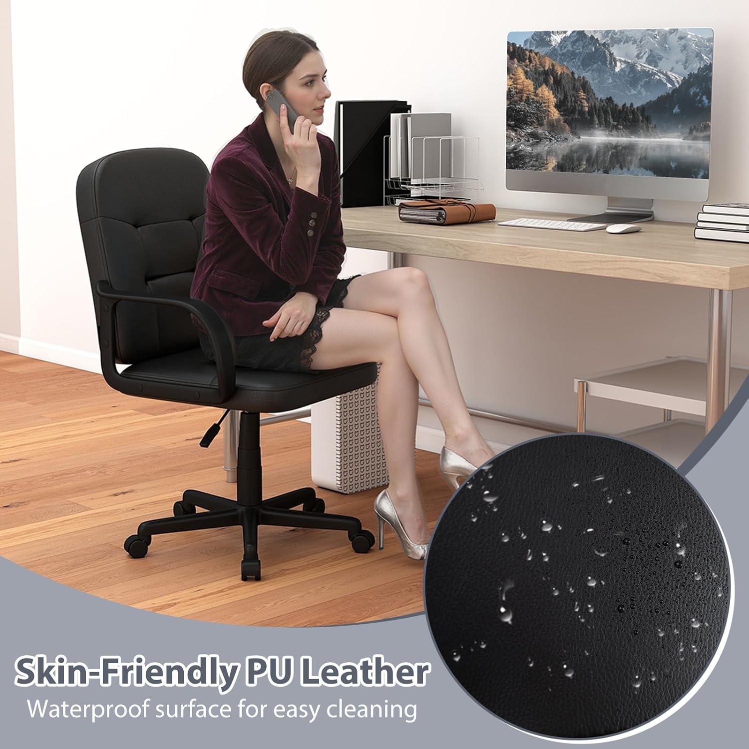 image:imageGiantex Leather Office Chair PU Ergonomic Desk Chair with Mid Back amp Curved Armrests Height Adjustable amp Rolling Computer Chair with Wheels for Gaming Working Black