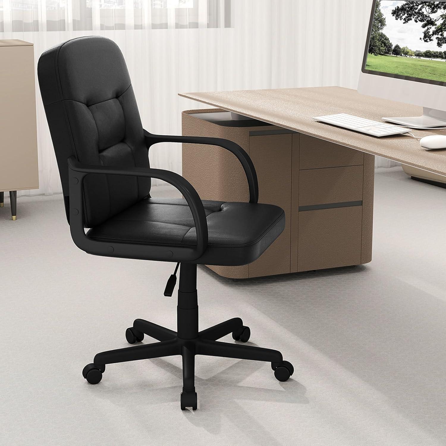 image:imageGiantex Leather Office Chair PU Ergonomic Desk Chair with Mid Back amp Curved Armrests Height Adjustable amp Rolling Computer Chair with Wheels for Gaming Working Black