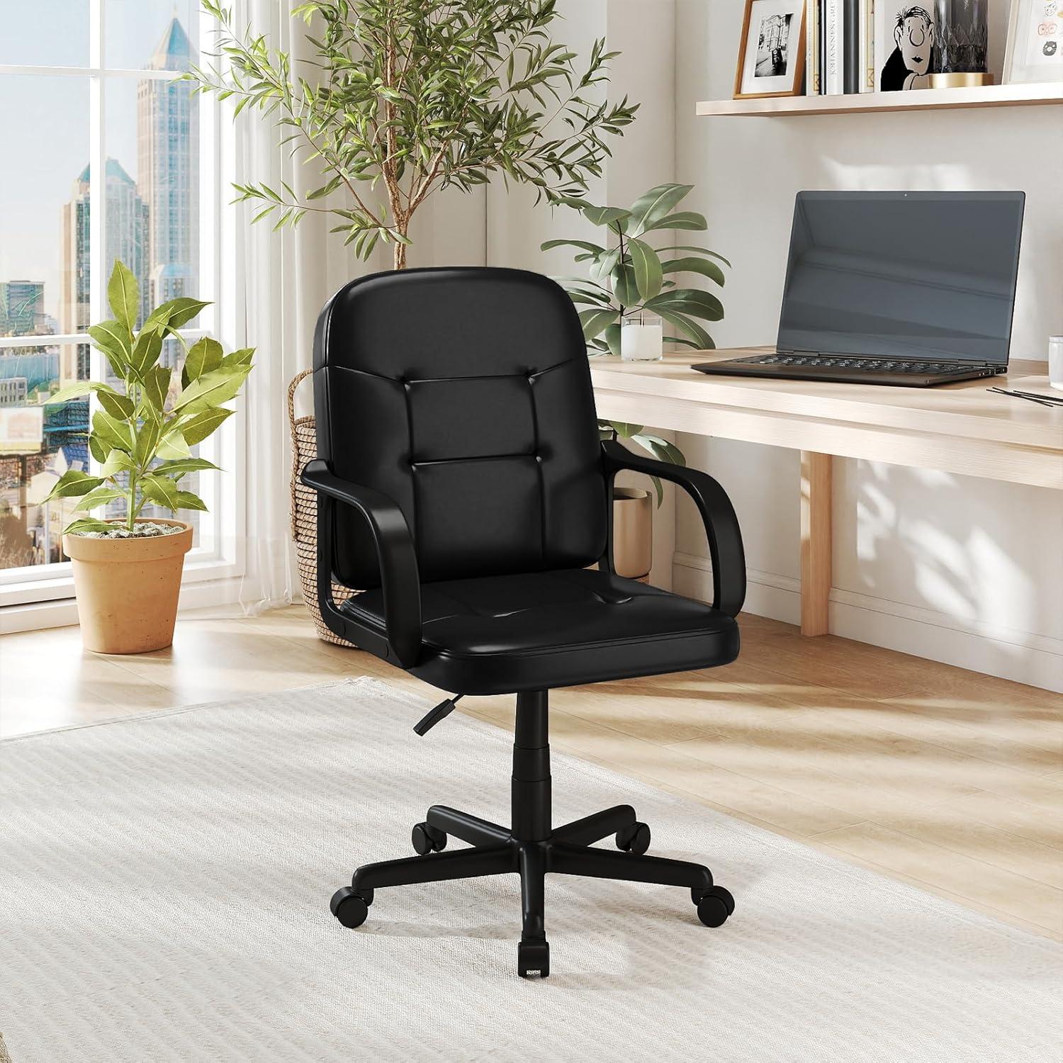 image:imageGiantex Leather Office Chair PU Ergonomic Desk Chair with Mid Back amp Curved Armrests Height Adjustable amp Rolling Computer Chair with Wheels for Gaming Working Black