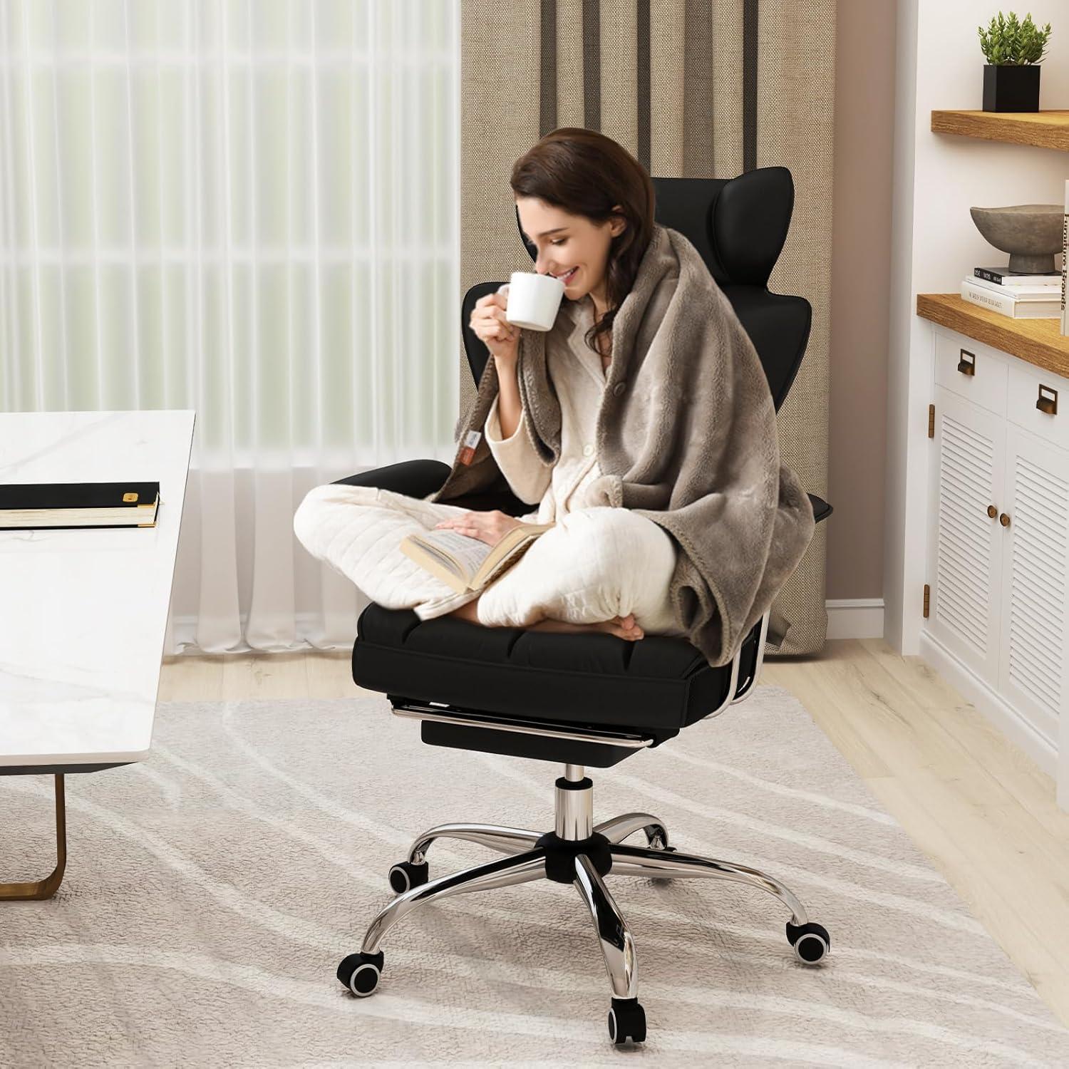 image:imageGiantex Office Desk Chair Big and Tall Executive Office Chair with Foot Rest and Lumbar Support High Back Leather Swivel Computer Task Chair Large Ergonomic Reclining Home Office Chair WhiteBlack