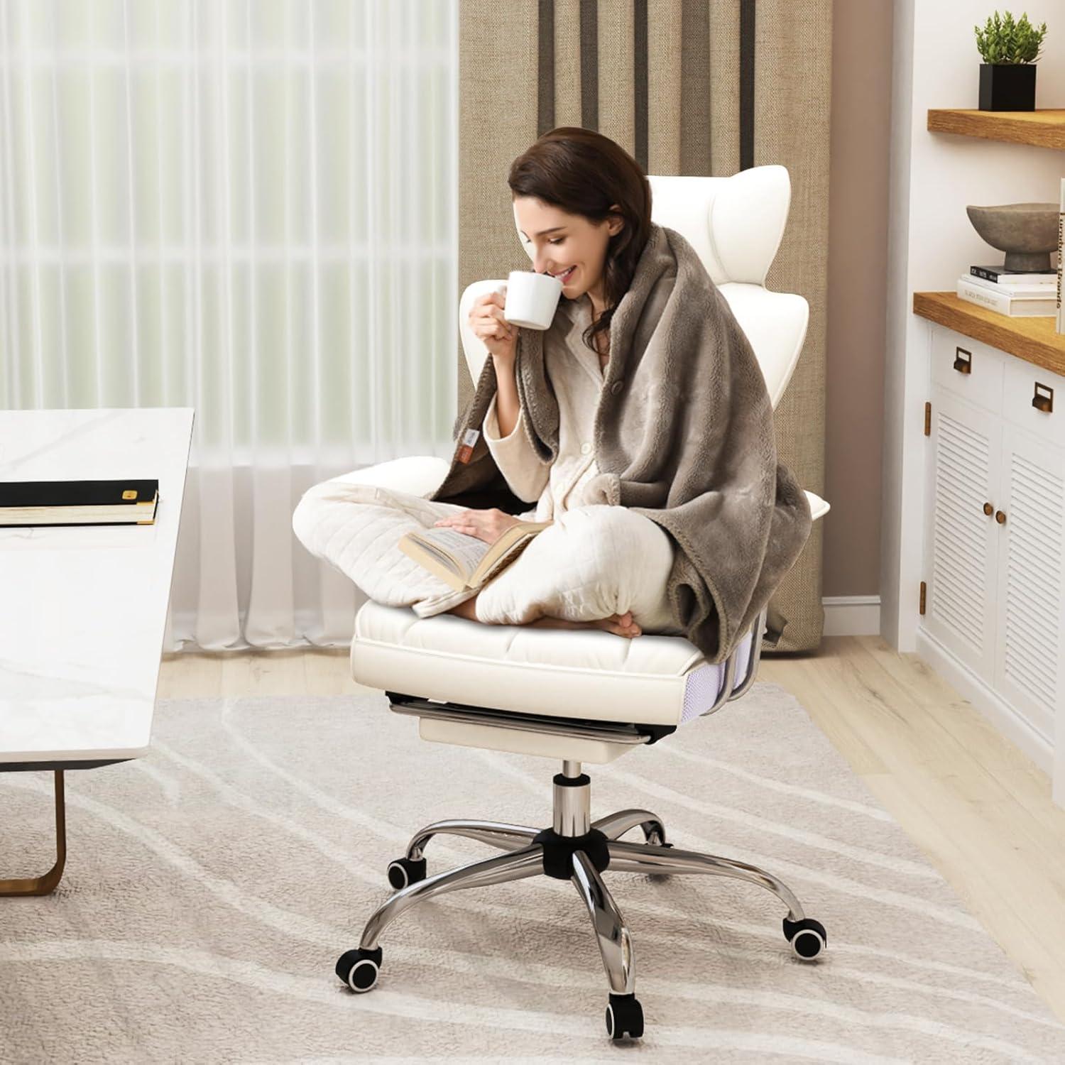 image:imageGiantex Office Desk Chair Big and Tall Executive Office Chair with Foot Rest and Lumbar Support High Back Leather Swivel Computer Task Chair Large Ergonomic Reclining Home Office Chair WhiteWhite