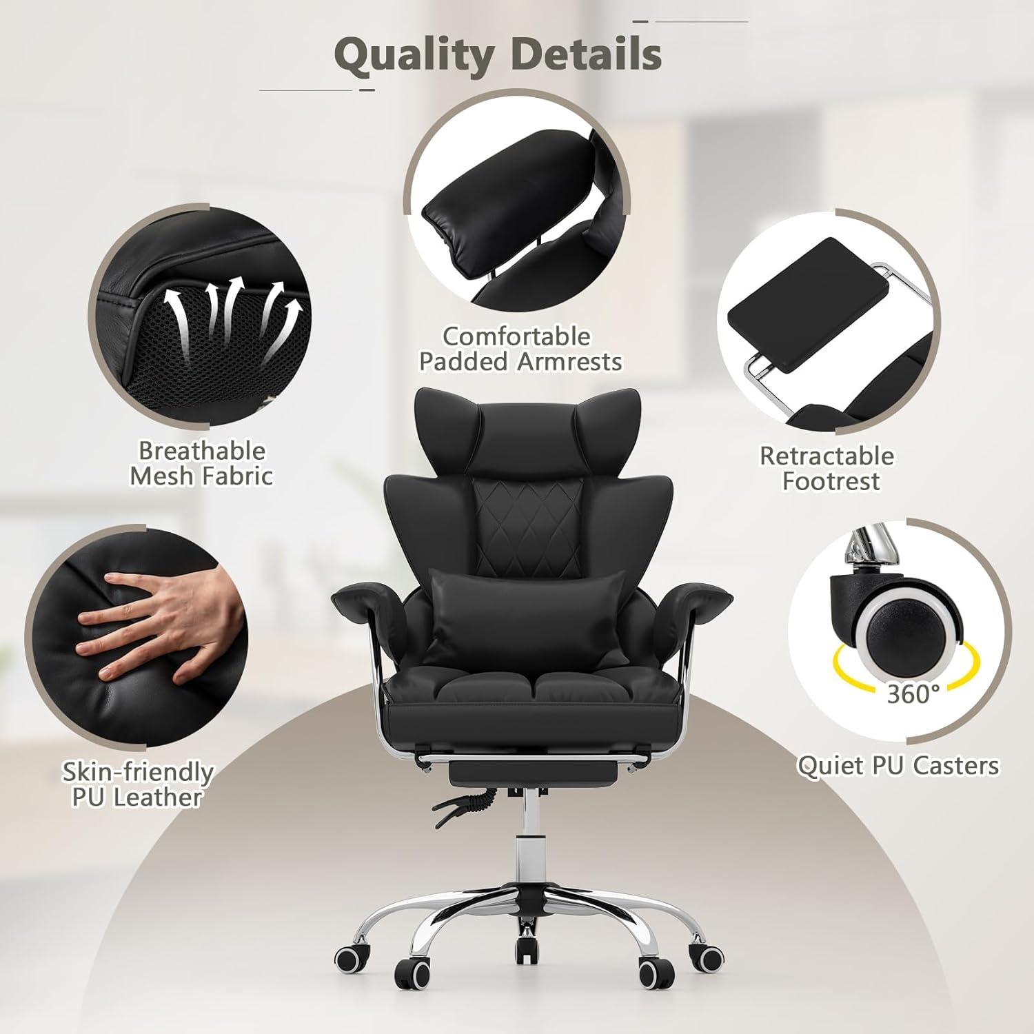 image:imageGiantex Office Desk Chair Big and Tall Executive Office Chair with Foot Rest and Lumbar Support High Back Leather Swivel Computer Task Chair Large Ergonomic Reclining Home Office Chair WhiteBlack