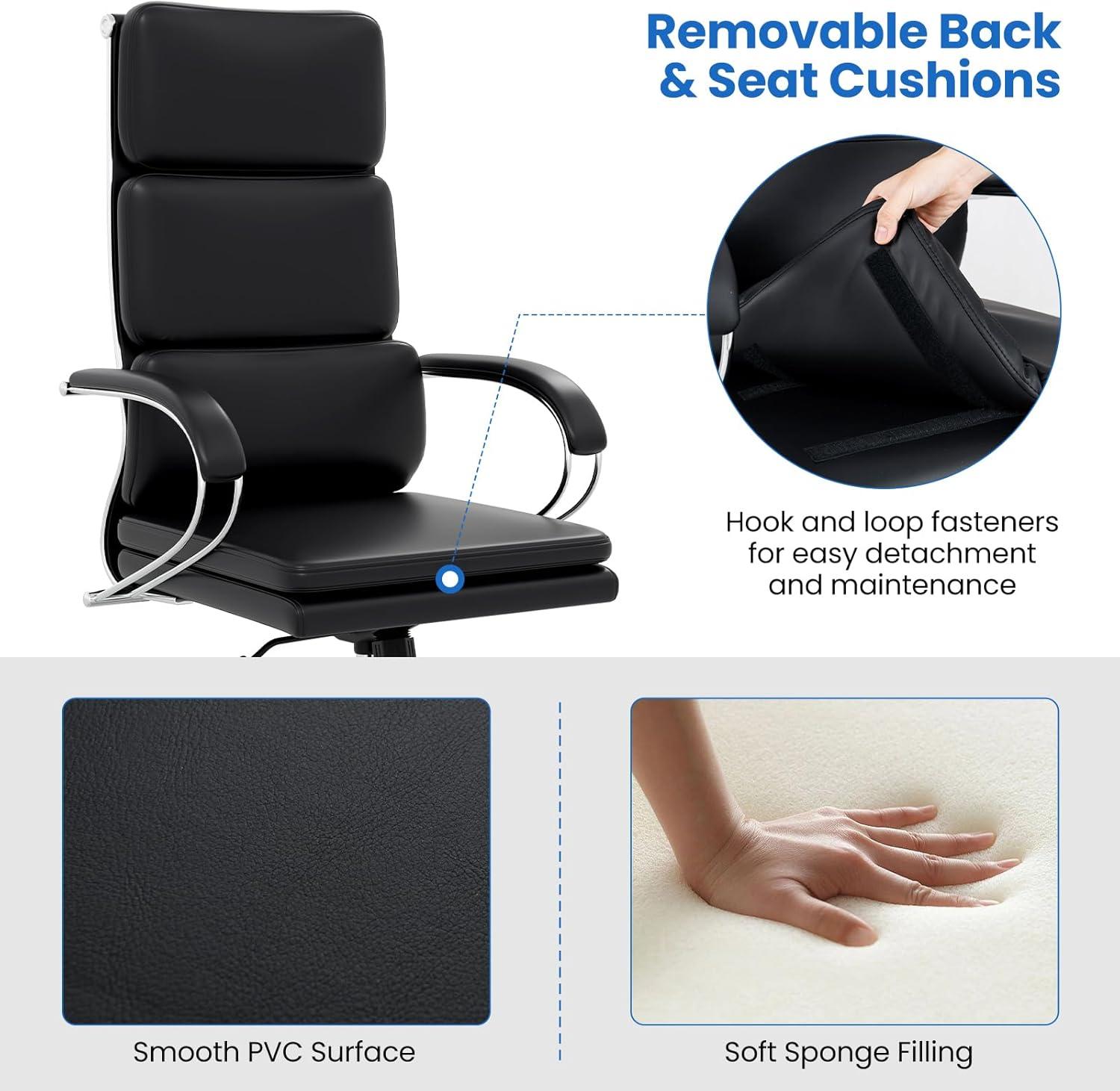 image:imageGiantex Ribbed Office Chair High Back Ergonomic Desk Chair with Wheels amp Rocking Function Swivel Leather Desk Chair wArms amp Removable Lumbar Support amp Seat Cushions Modern Executive Chair Black